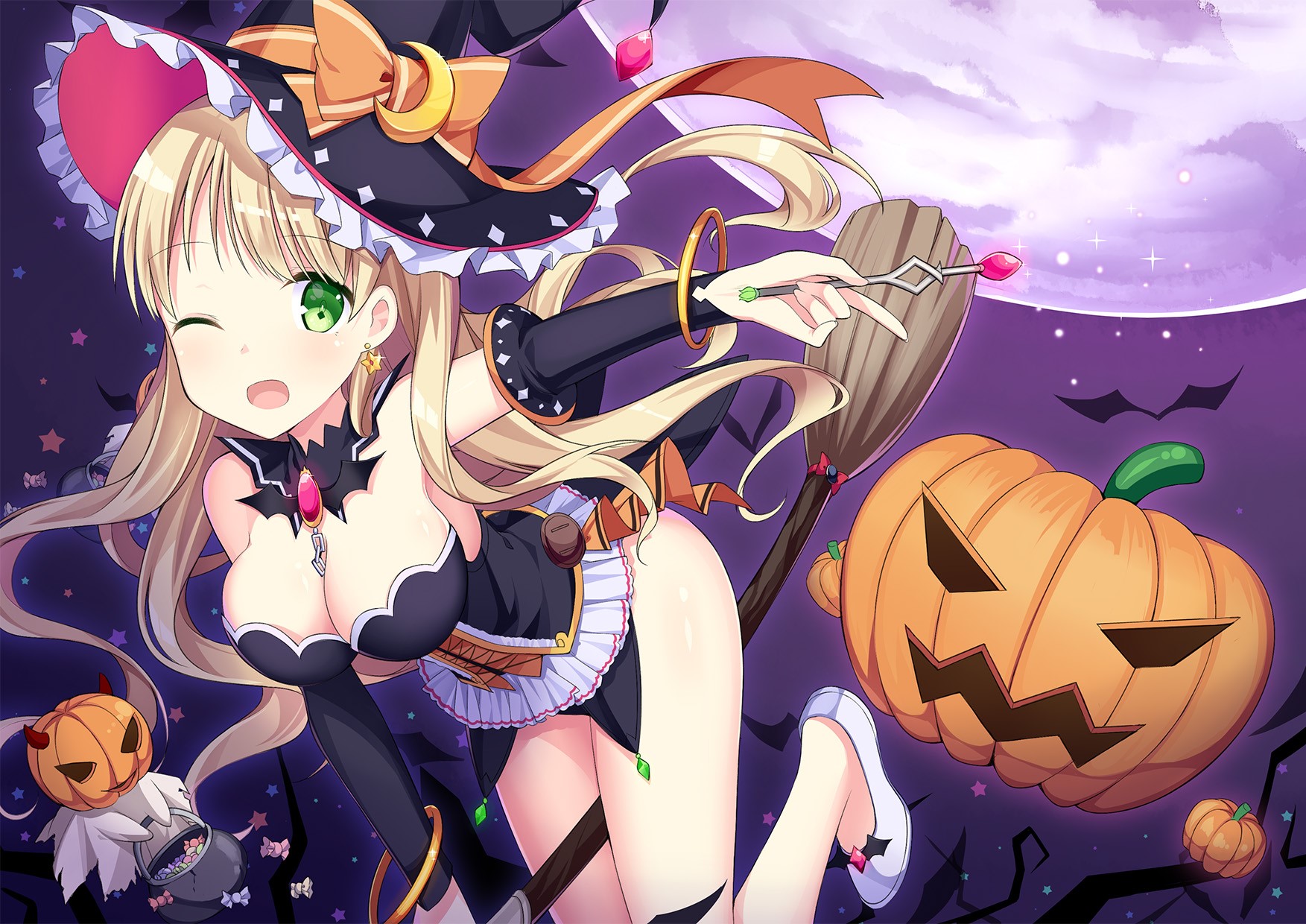 pumpkin, witch hat, hat, witch, cleavage, Halloween, blonde, HD Wallpaper