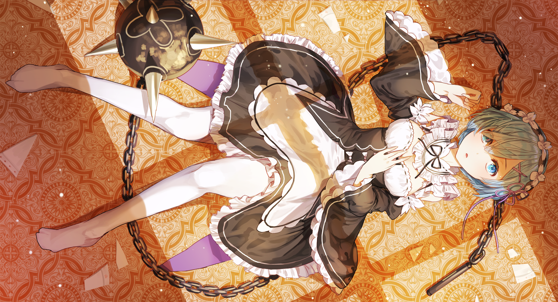 aqua eyes, aqua hair, chains, maid, pantyhose, Rem (Re: Zero), Re:Zero Kara Hajimeru Isekai Seikatsu, short hair, HD Wallpaper