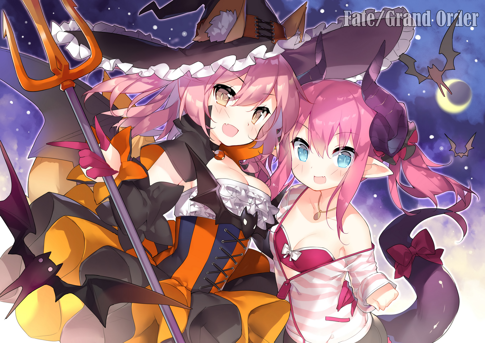 Halloween, witch hat, hat, animals, aqua eyes, bats, blushing, hair bows, demon, fangs, fox girl, horns, long hair, Moon, necklace, pink hair, tail, weapon, Fate/Grand Order, HD Wallpaper