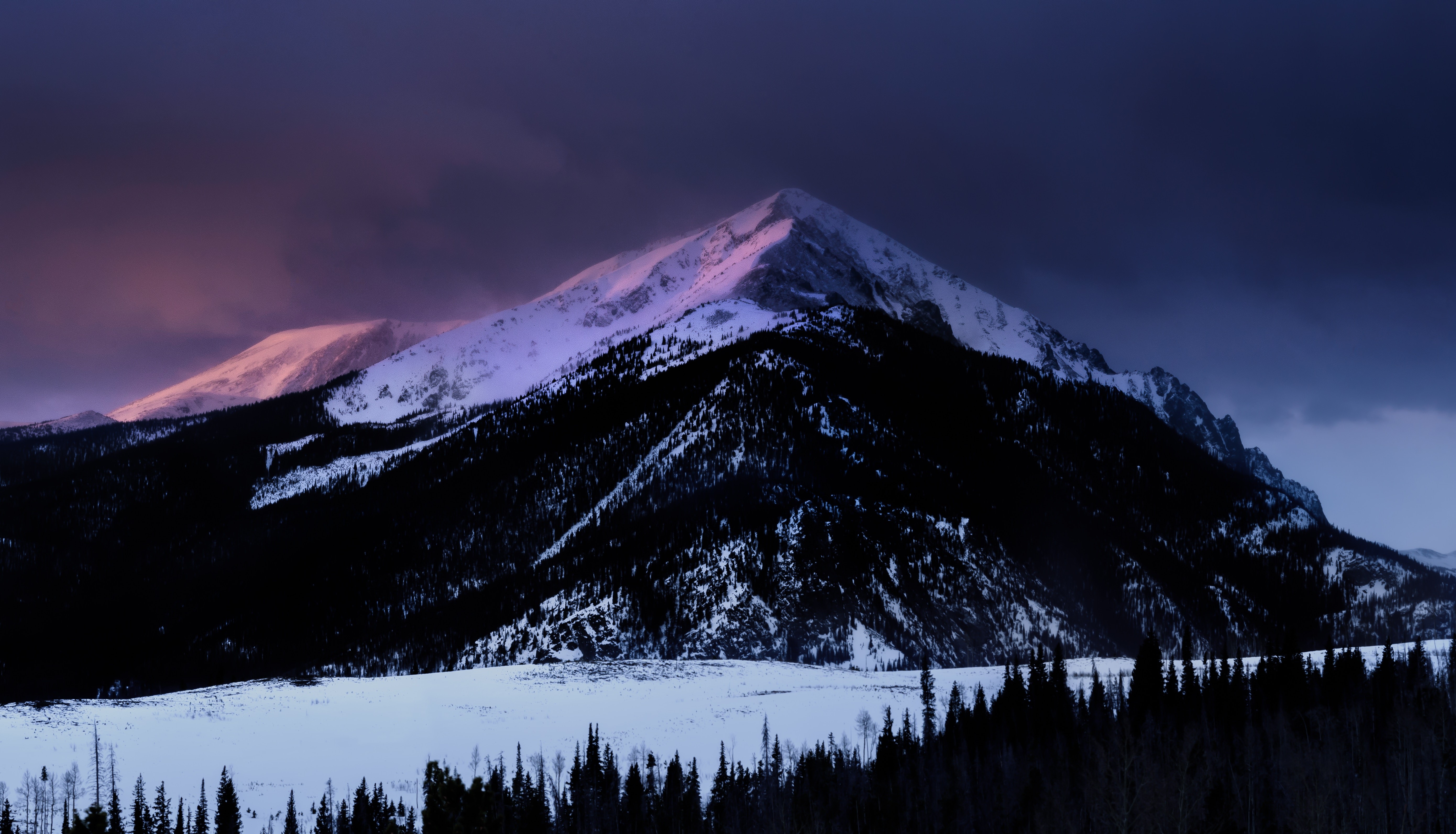 nature, snow, trees, mountains, dark, landscape, sky, HD Wallpaper