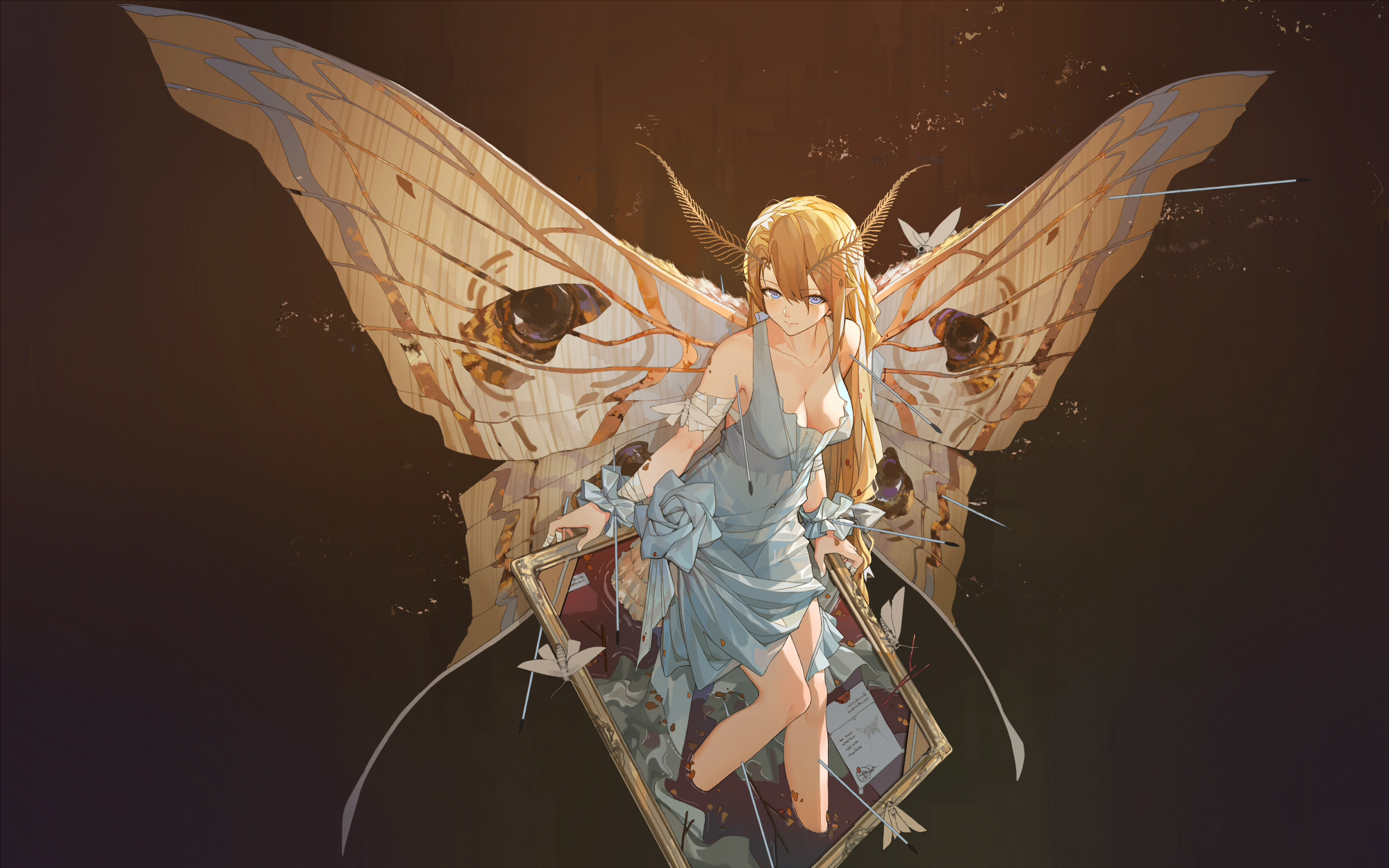 wings, butterfly, anime girls, anime, cleavage, moth, Miv4t, HD Wallpaper