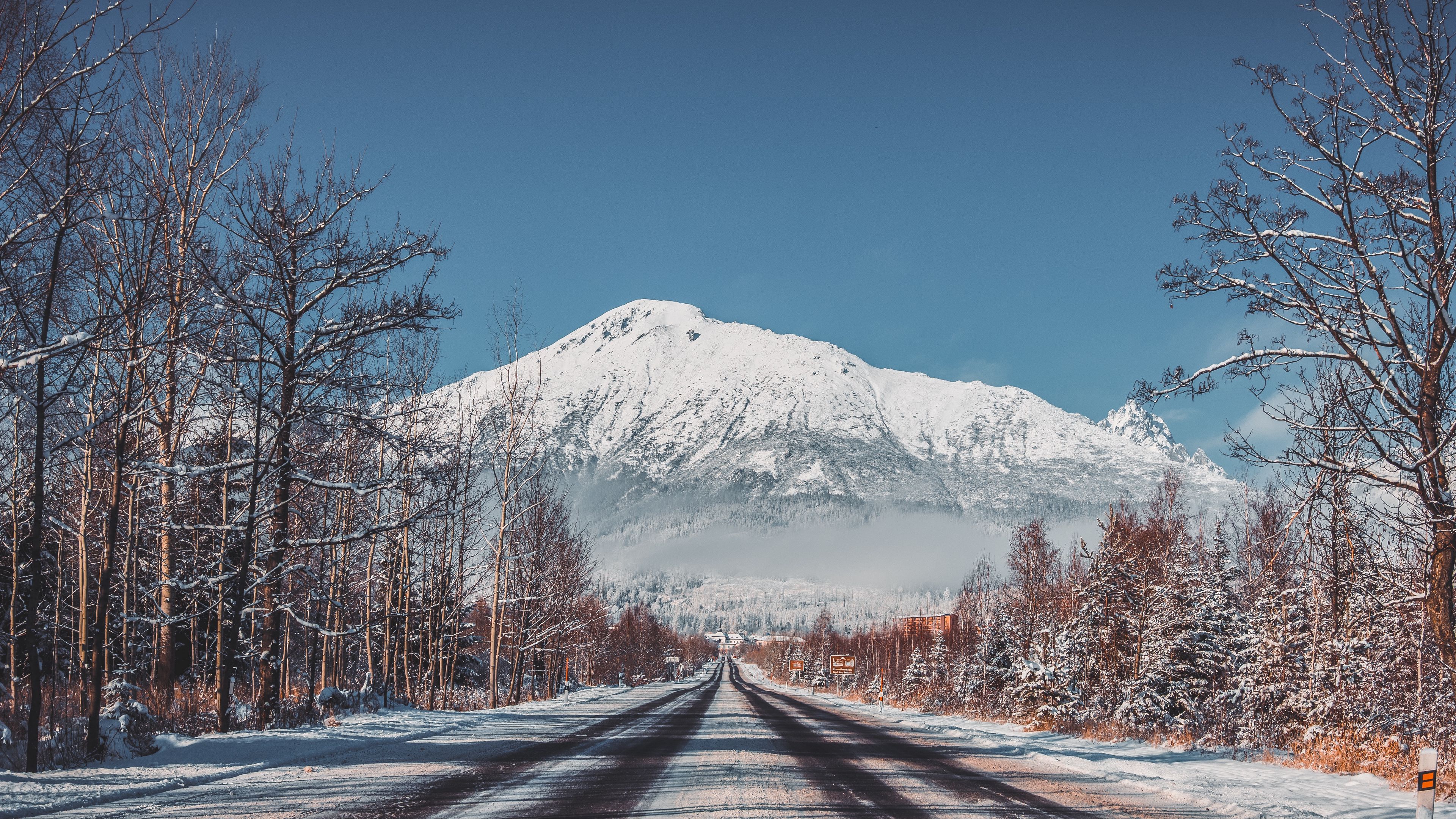 road, mountains, snow, trees, landscape, winter, 4k, HD Wallpaper