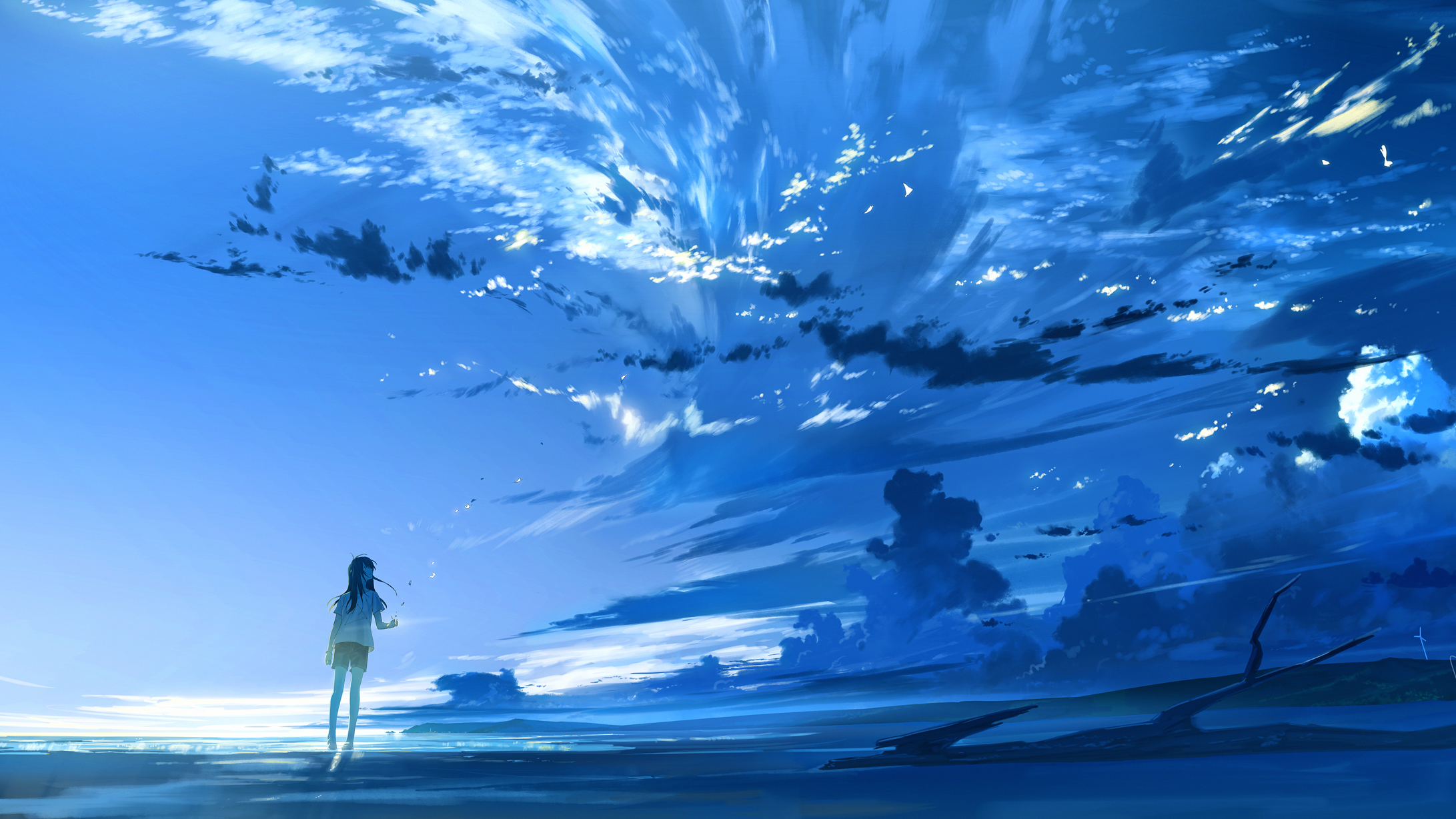 sky, blue, clouds, anime, anime girls, cyan, HD Wallpaper