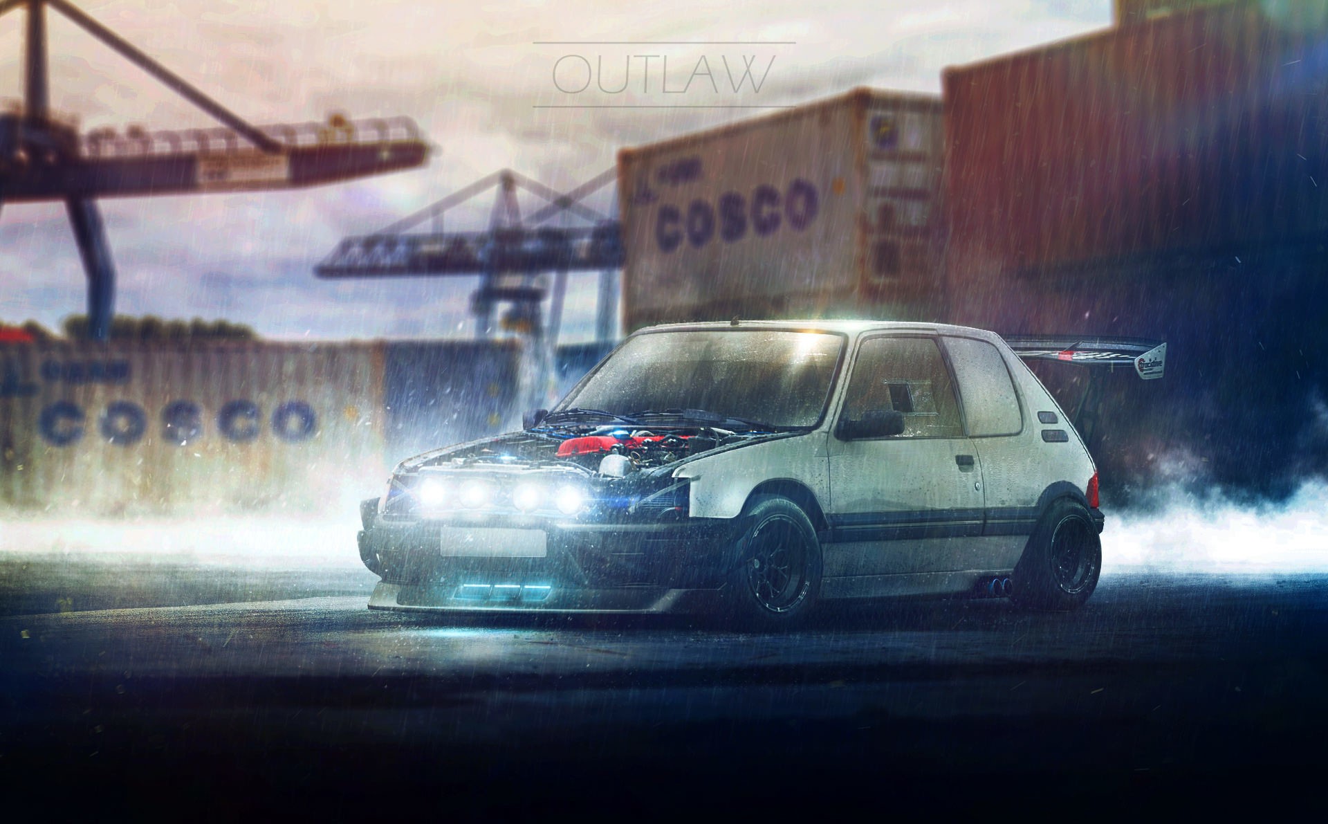 car, white cars, neon, smoke, fan art, fantasy art, Ned Souris, HD Wallpaper