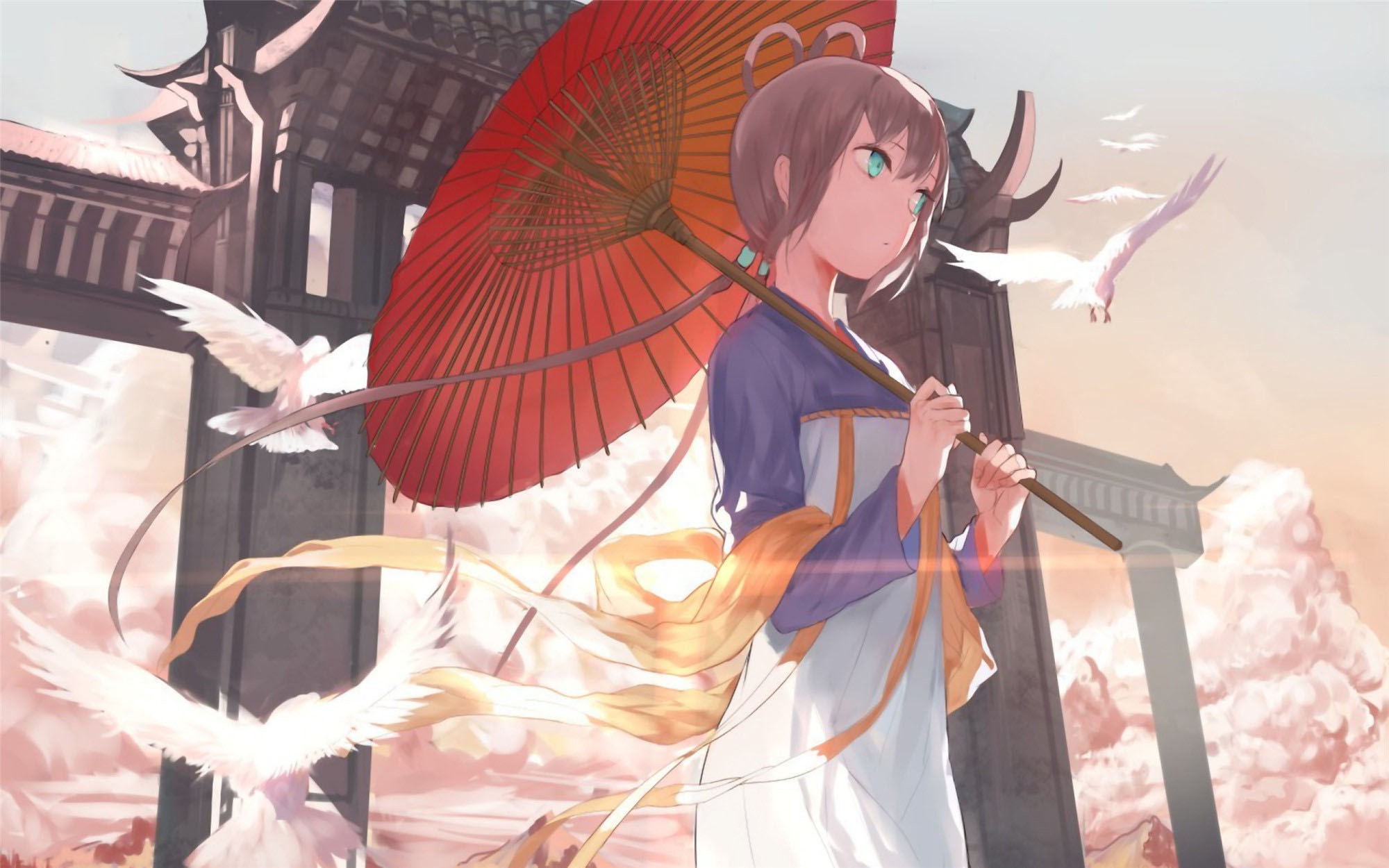 Luo Tianyi, anime girls, hanfu, umbrella, Vocaloid China, birds, anime, blue eyes, HD Wallpaper