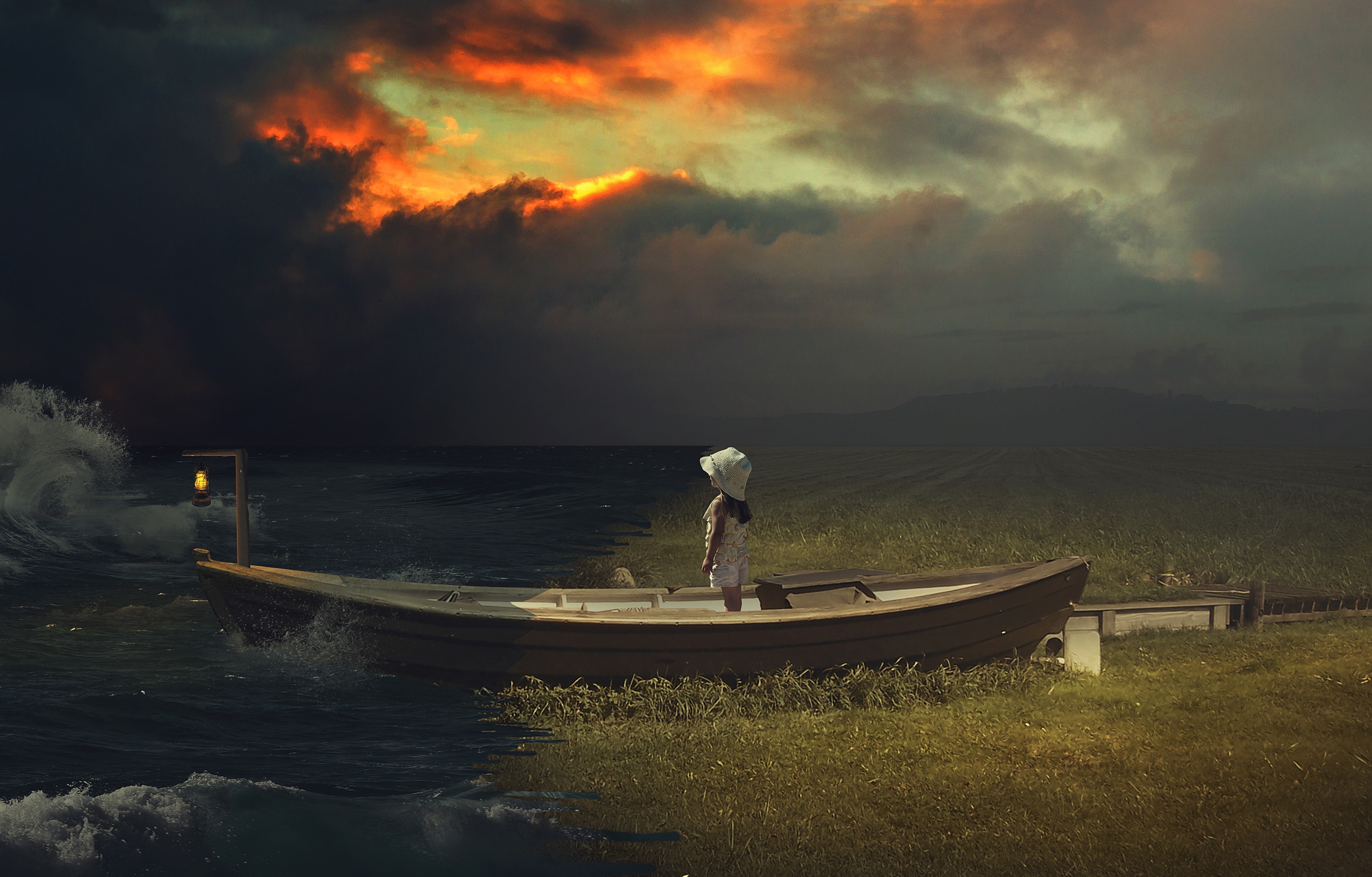 boat, children, digital art, sky, sea, vehicle, sunlight, waves, dark, hat, HD Wallpaper
