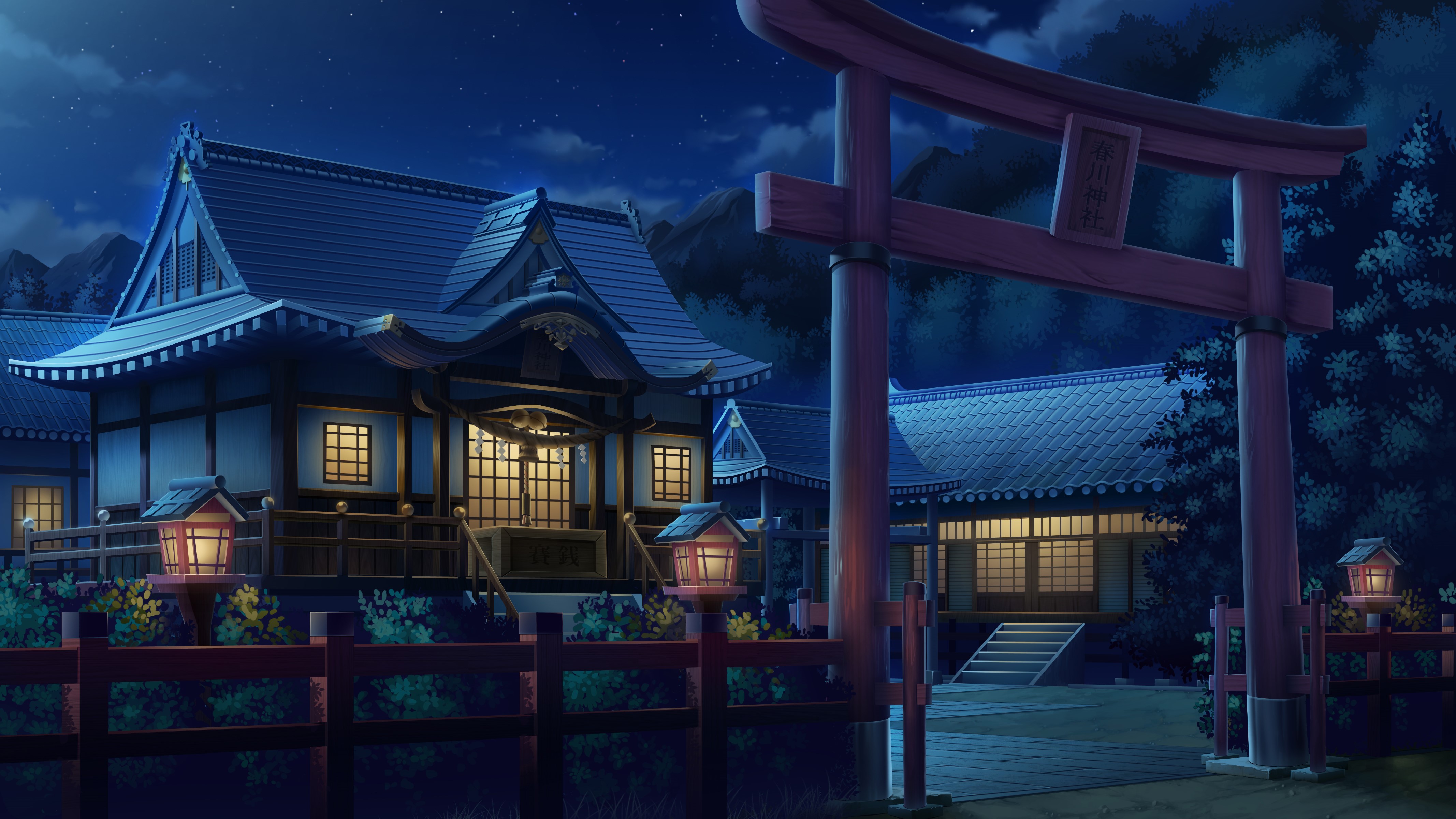building, Asian architecture, dark, sky, sunset, water, clouds, digital art, anime, HD Wallpaper