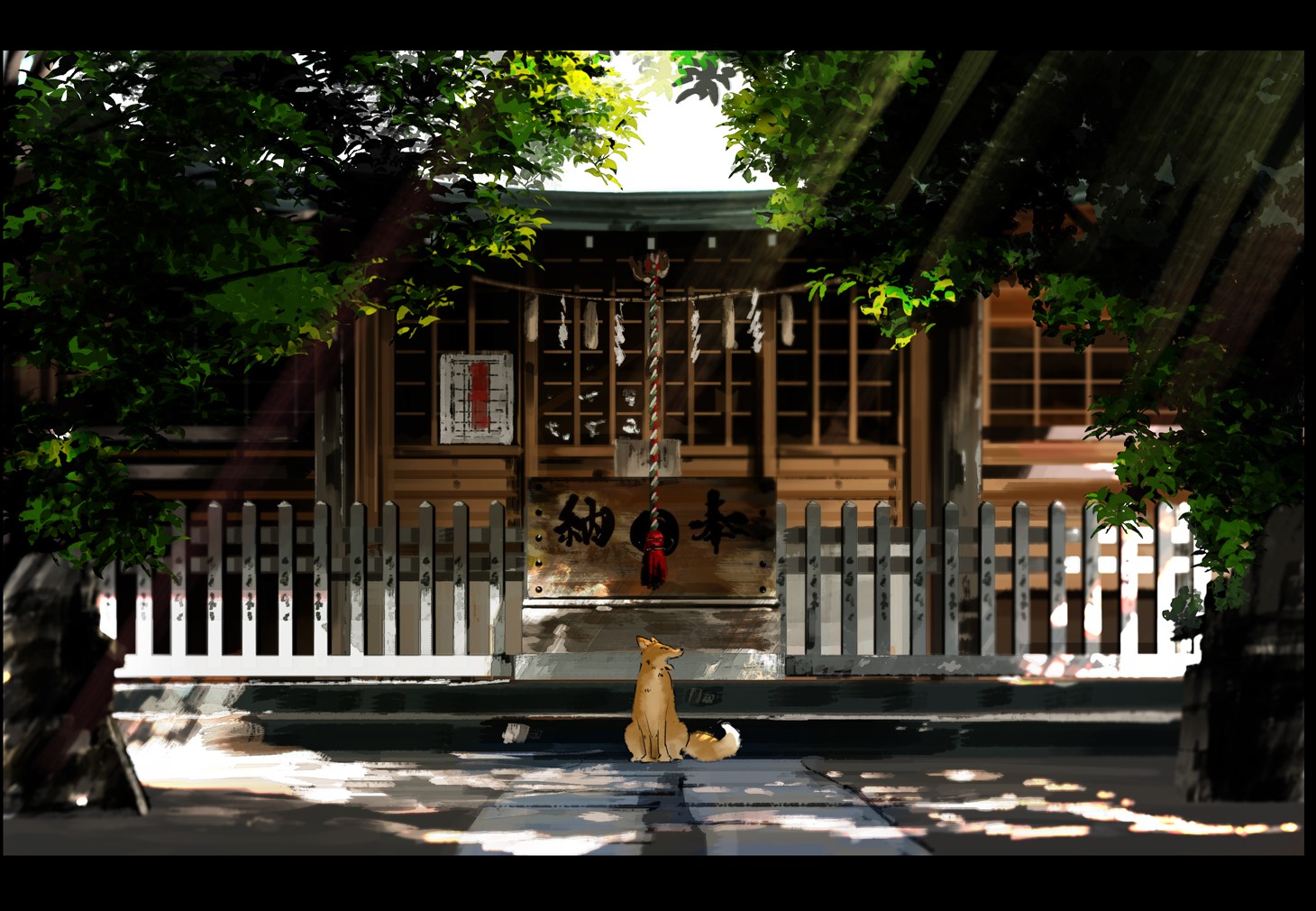 building, digital art, animals, shade, trees, fox, anime, HD Wallpaper