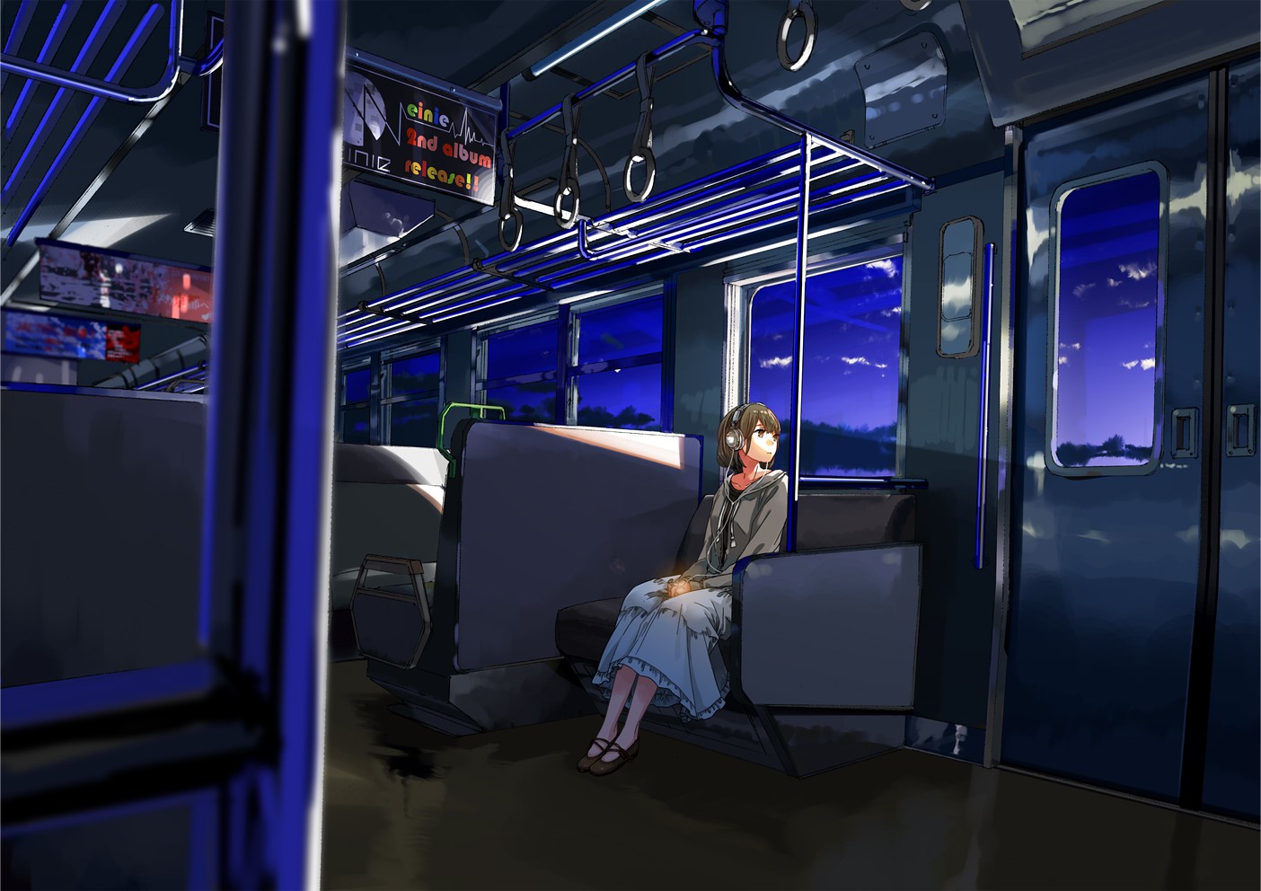 headphones, anime, digital art, train, clouds, anime girls, sunset, HD Wallpaper