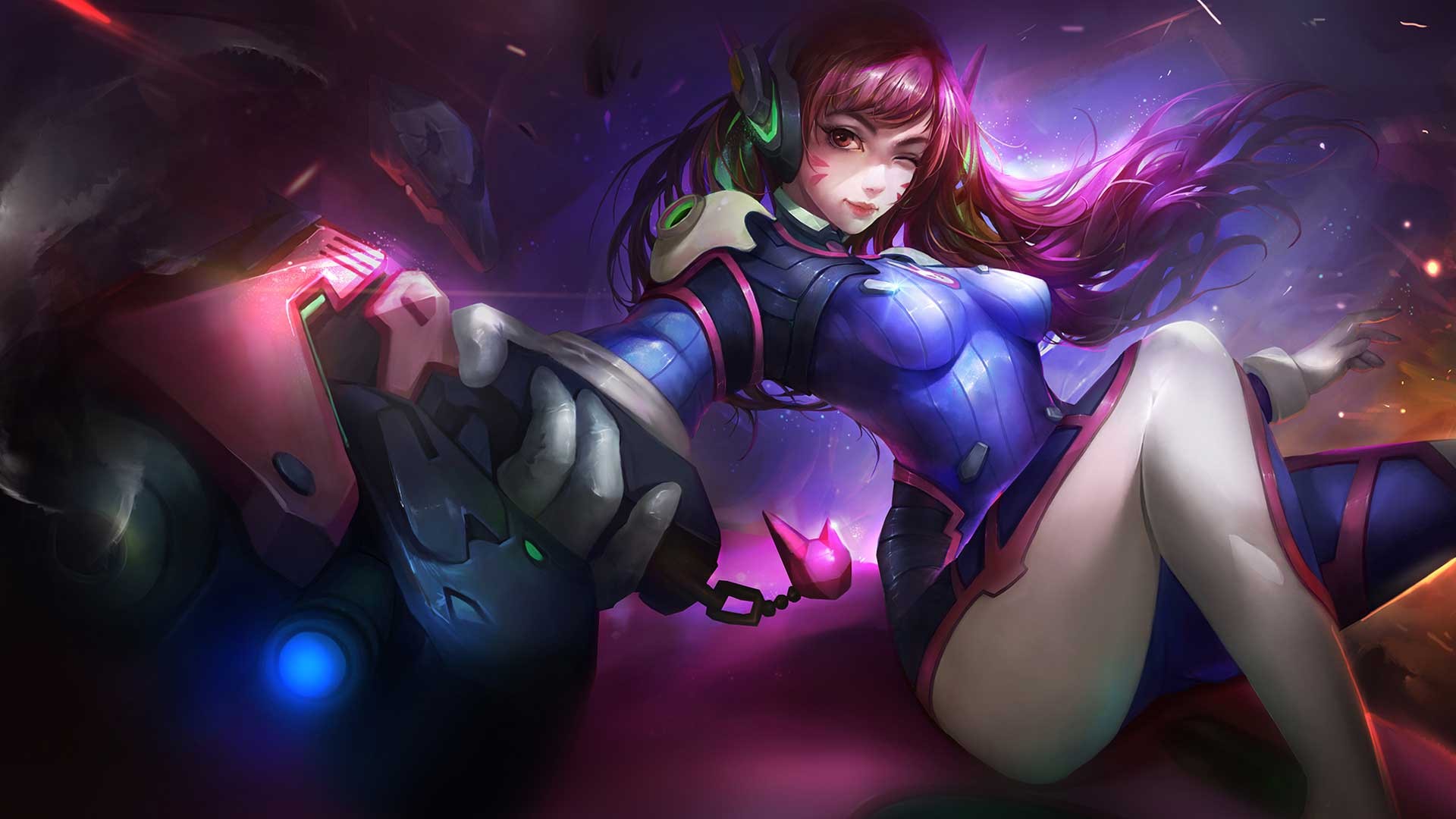 video games, Overwatch, tight clothing, D.Va (Overwatch), gun, girls with guns, long hair, brunette, winking, HD Wallpaper