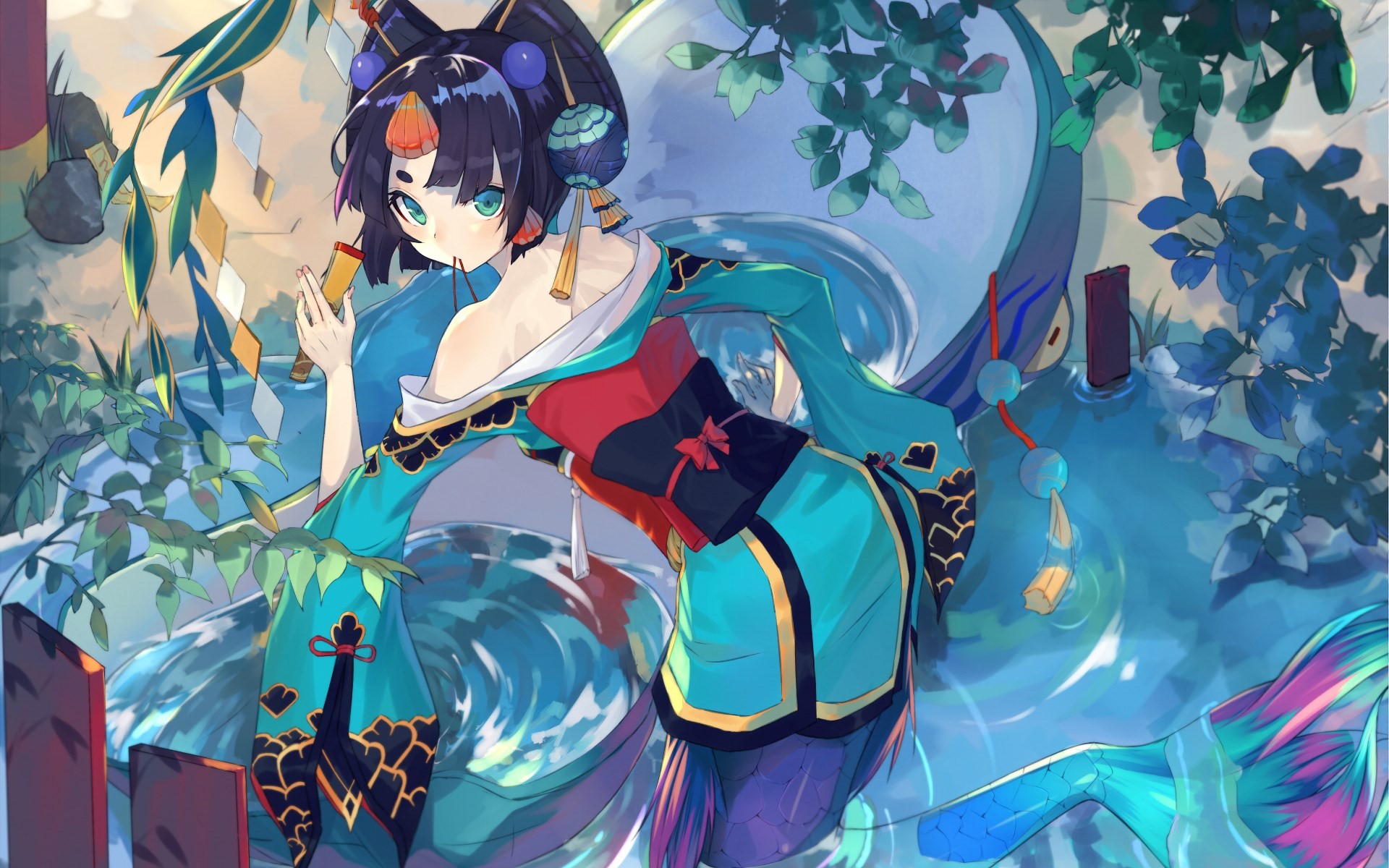 Onmyoji, anime girls, anime, dark hair, blue eyes, HD Wallpaper