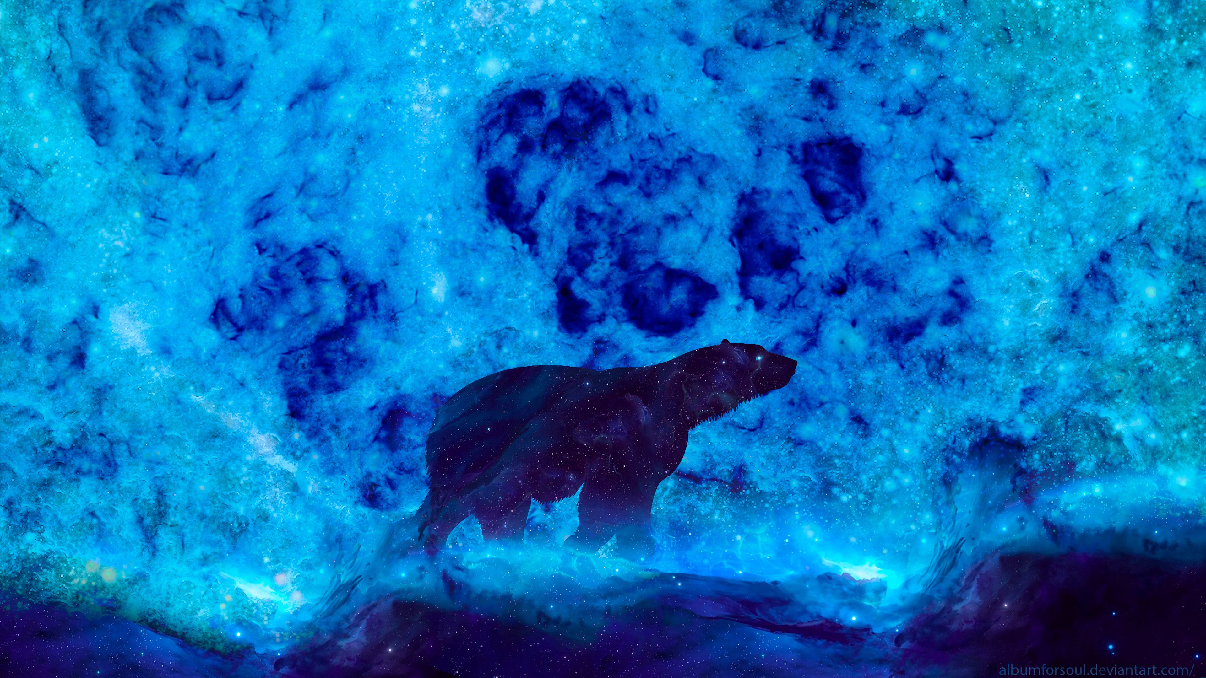 bear, art, glow, blue, northern, 4k, HD Wallpaper