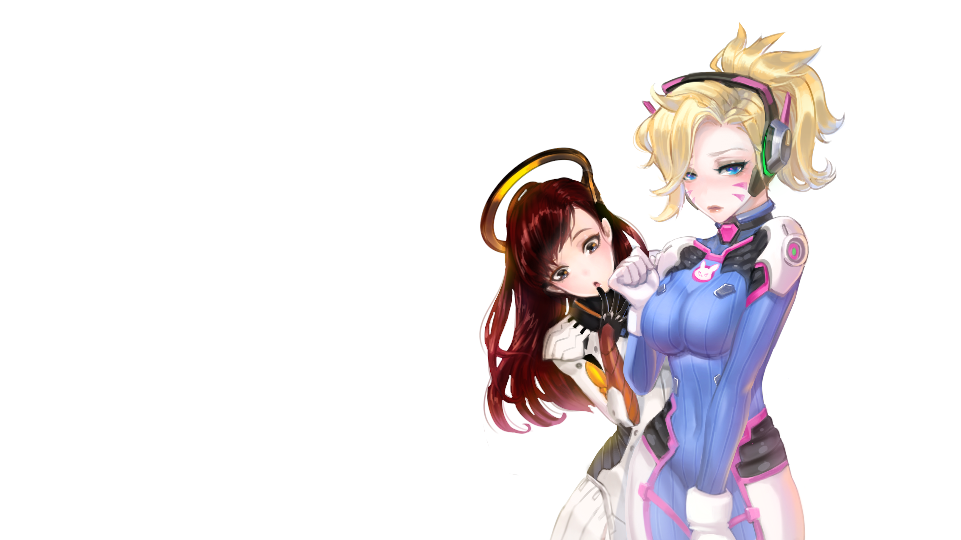 video games, Overwatch, D.Va (Overwatch), Mercy (Overwatch), tight clothing, big boobs, blonde, long hair, looking at viewer, blue eyes, HD Wallpaper