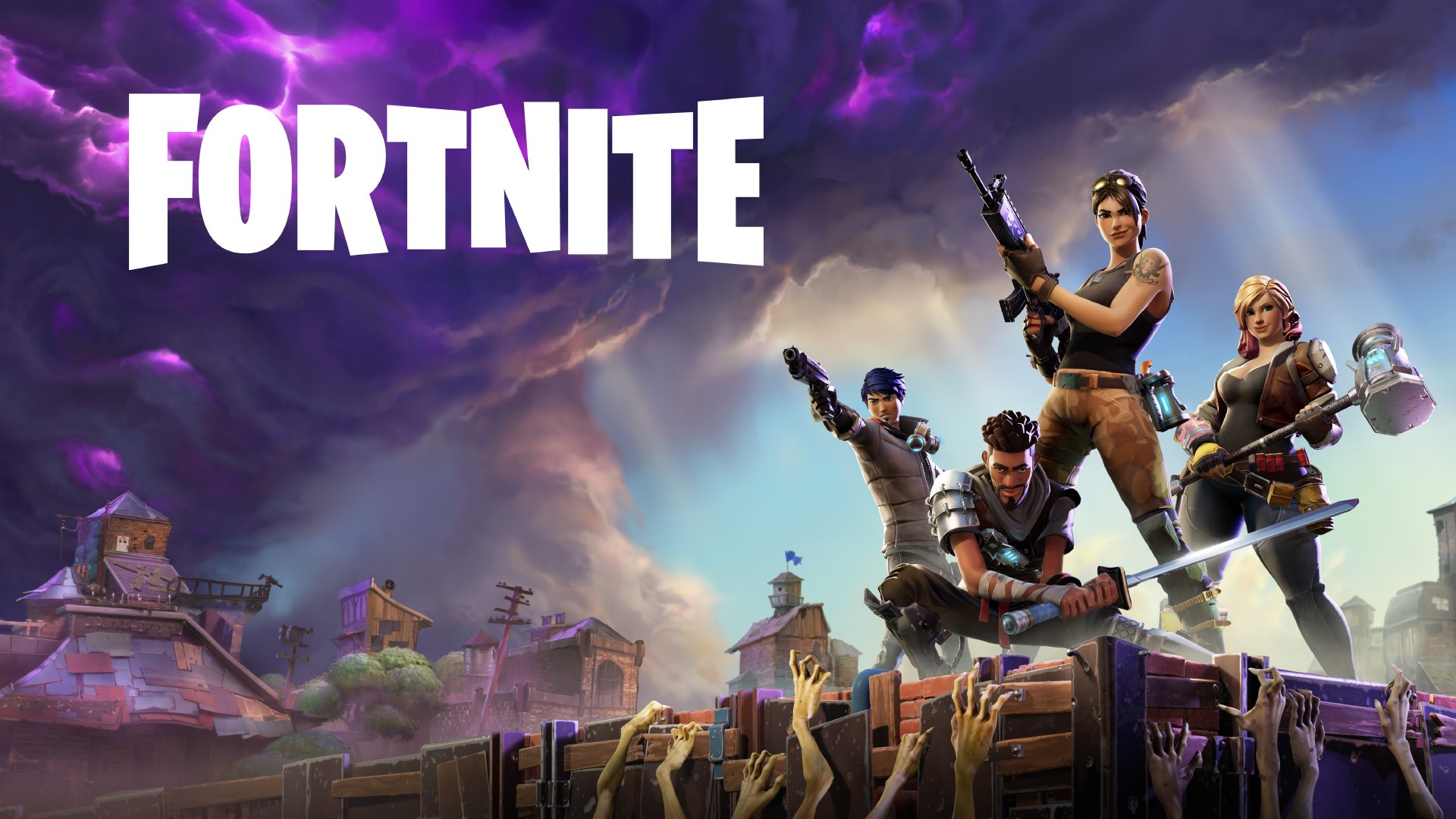 video games, Fortnite, zombies, gun, sword, tattoo, hammer, clouds, smirk, girls with guns, HD Wallpaper