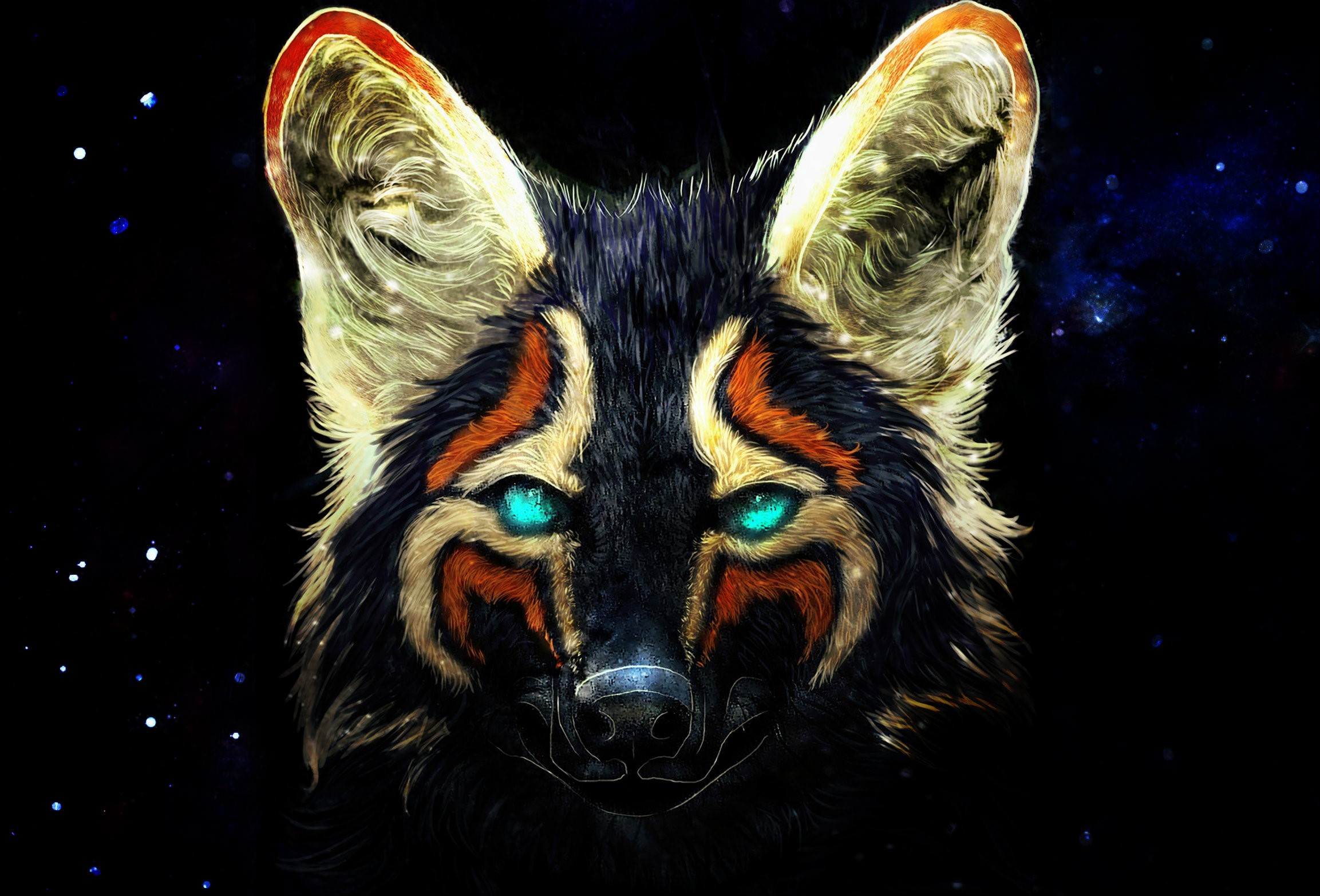 fox, animals, blue eyes, digital art, space, HD Wallpaper