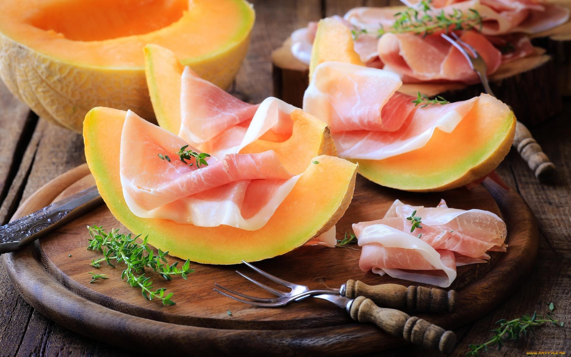 melons, food, fork, meat, HD Wallpaper