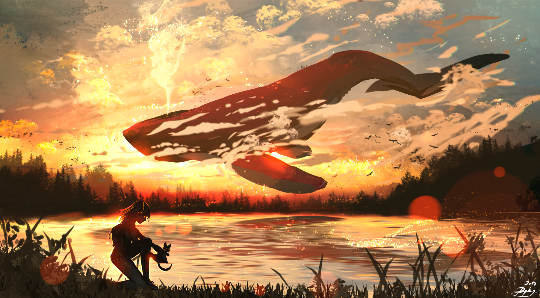landscape, sunset, fantasy art, whale, HD Wallpaper