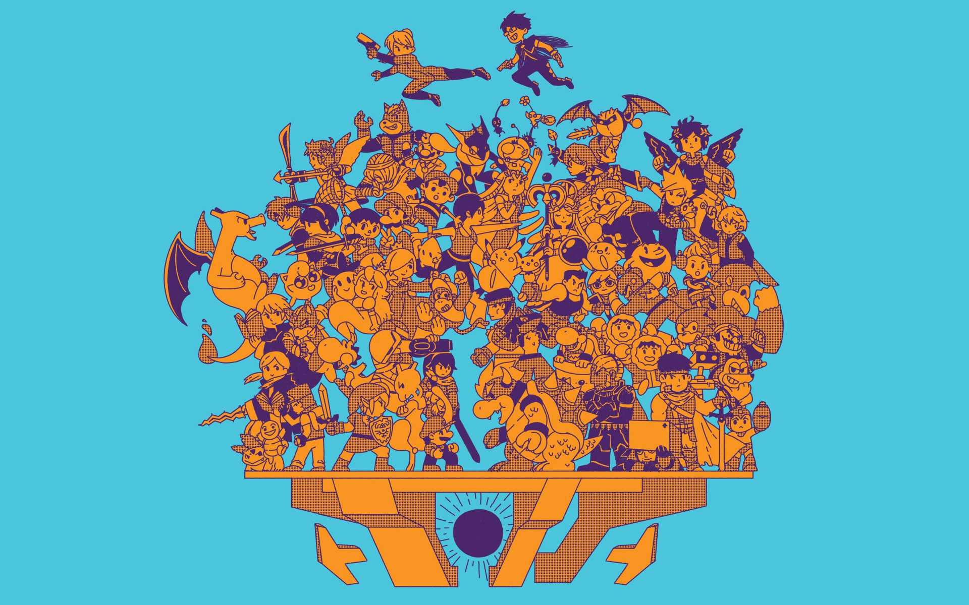 video games, Samus Aran, Zero Suit Samus, Bayonetta, Charizard, Squirtle, Princess Peach, Mewtwo, Link, Bulbasaur, Wii Fit Trainer, Pikachu, bowser, Princess Zelda, Cloud Strife, Donkey Kong, Mega Man, Yoshi, Jigglypuff, Kirby, cyan, cyan background, HD Wallpaper