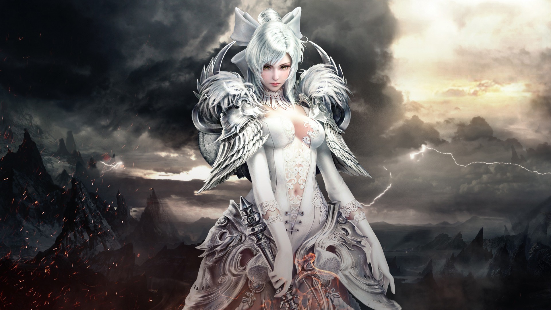 video games, Revelation Online, mmorpg, fantasy weapon, fantasy art, armor, gloves, white hair, yellow eyes, clouds, lightning, mountains, dust, storm, women, warrior, feathers, HD Wallpaper