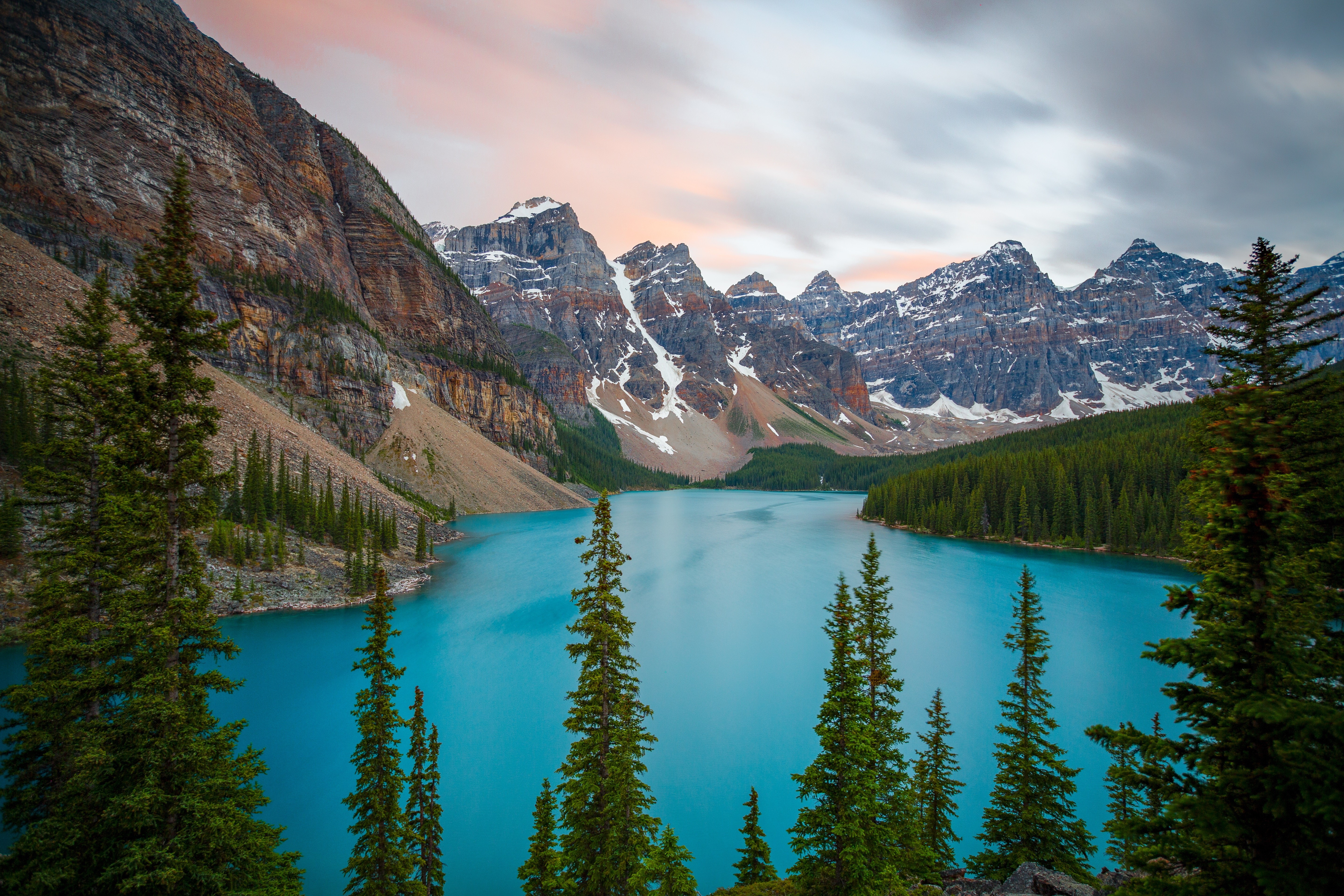 nature, trees, water, snow, Banff National Park, landscape, mountains, Moraine Lake, HD Wallpaper