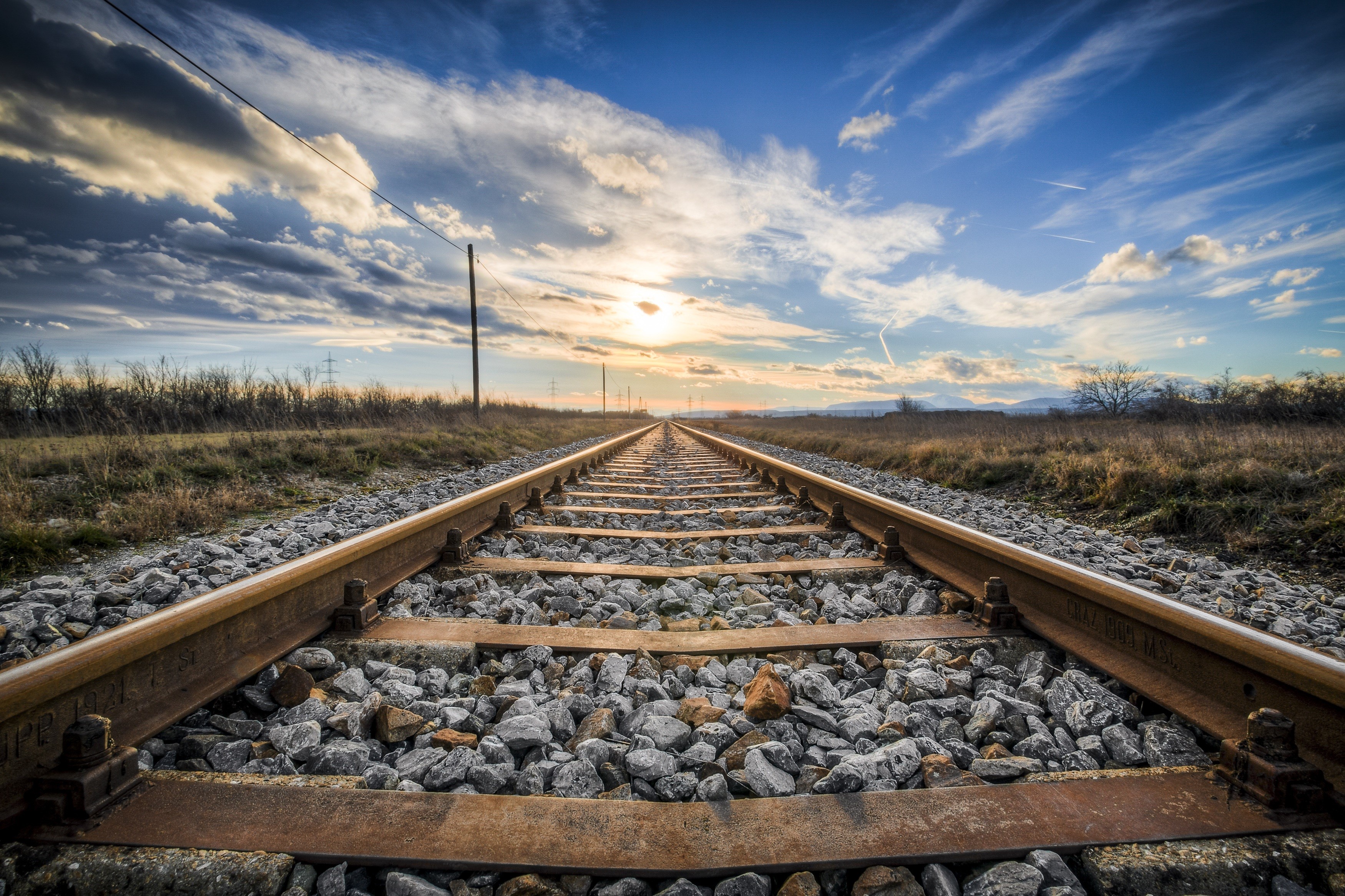 nature, clouds, daylight, grass, landscape, lines, railway, HD Wallpaper
