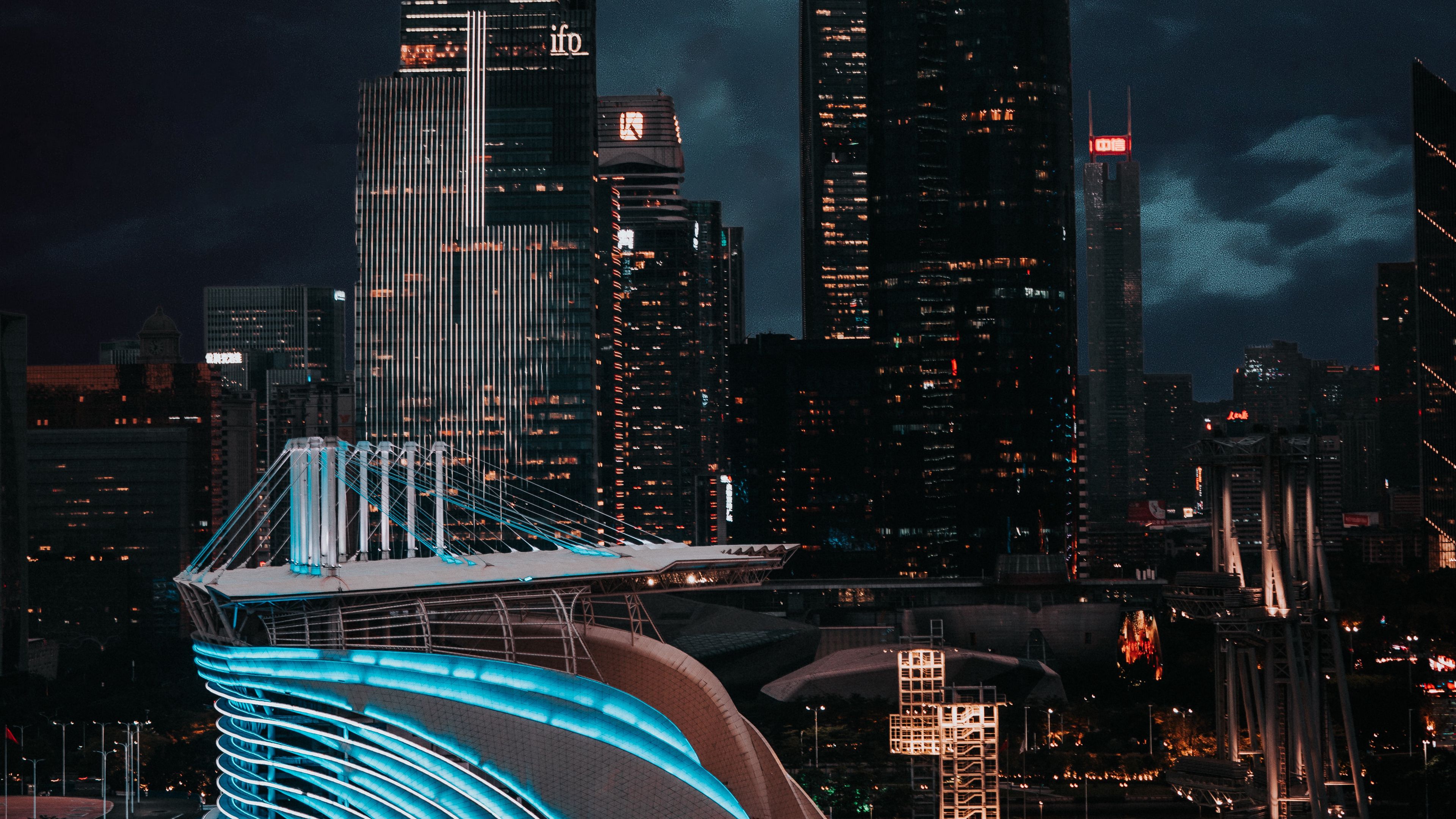 city, buildings, architecture, night, moon, light, 4k, HD Wallpaper