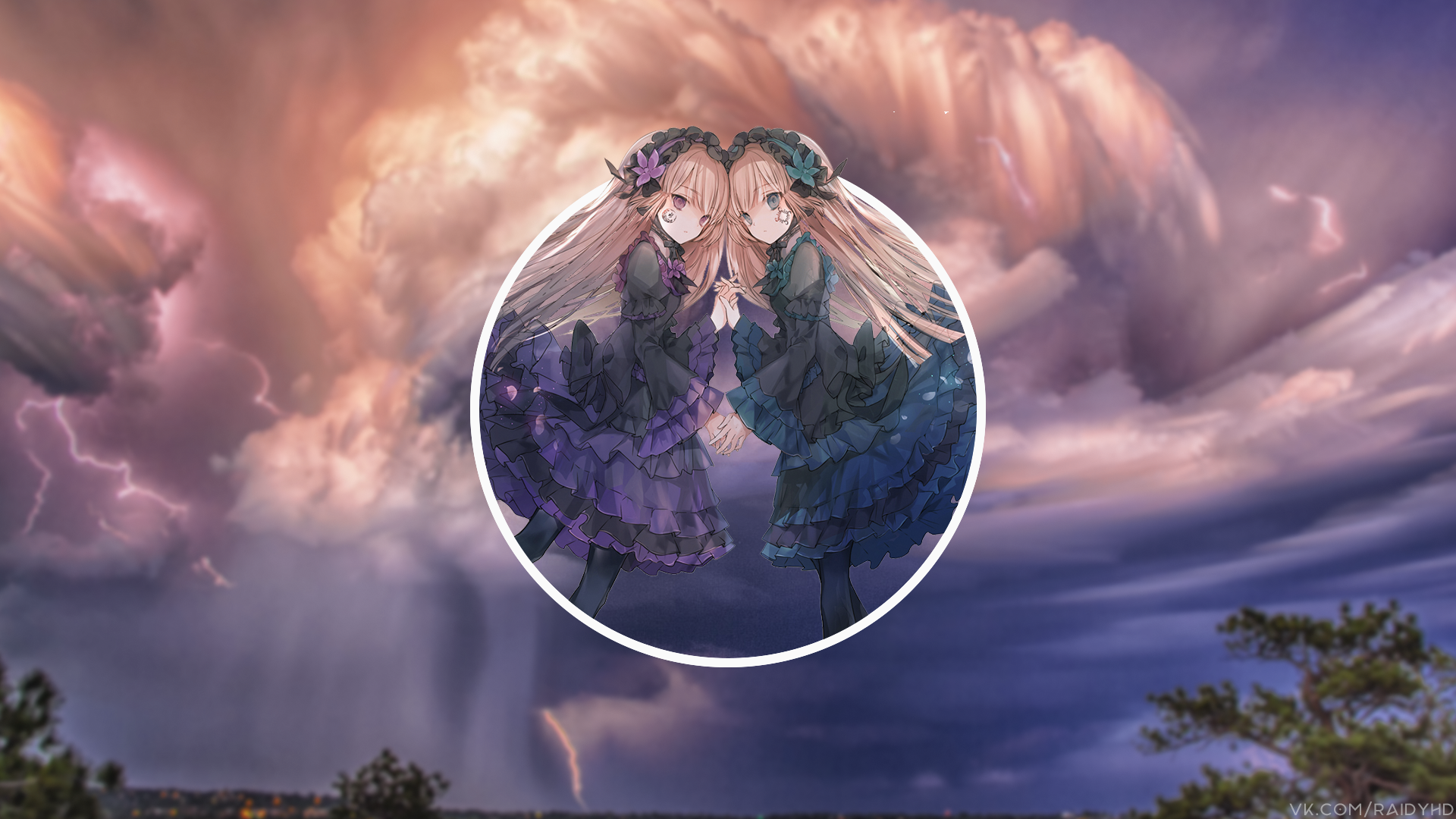 anime, anime girls, picture-in-picture, storm, lightning, clouds, nature, trees, landscape, HD Wallpaper