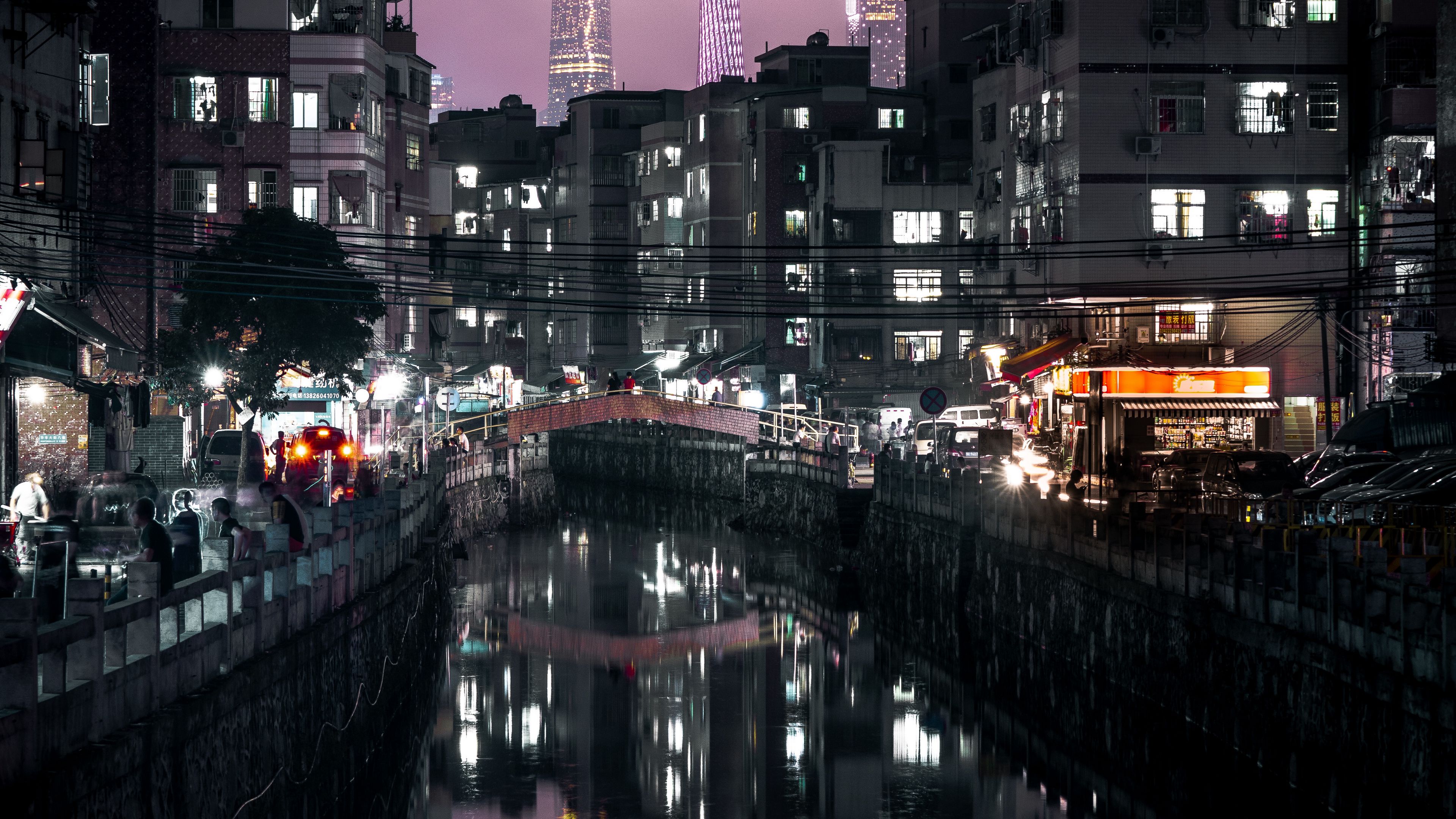night city, buildings, canal, embankment, architecture, lights, reflection, 4k, HD Wallpaper