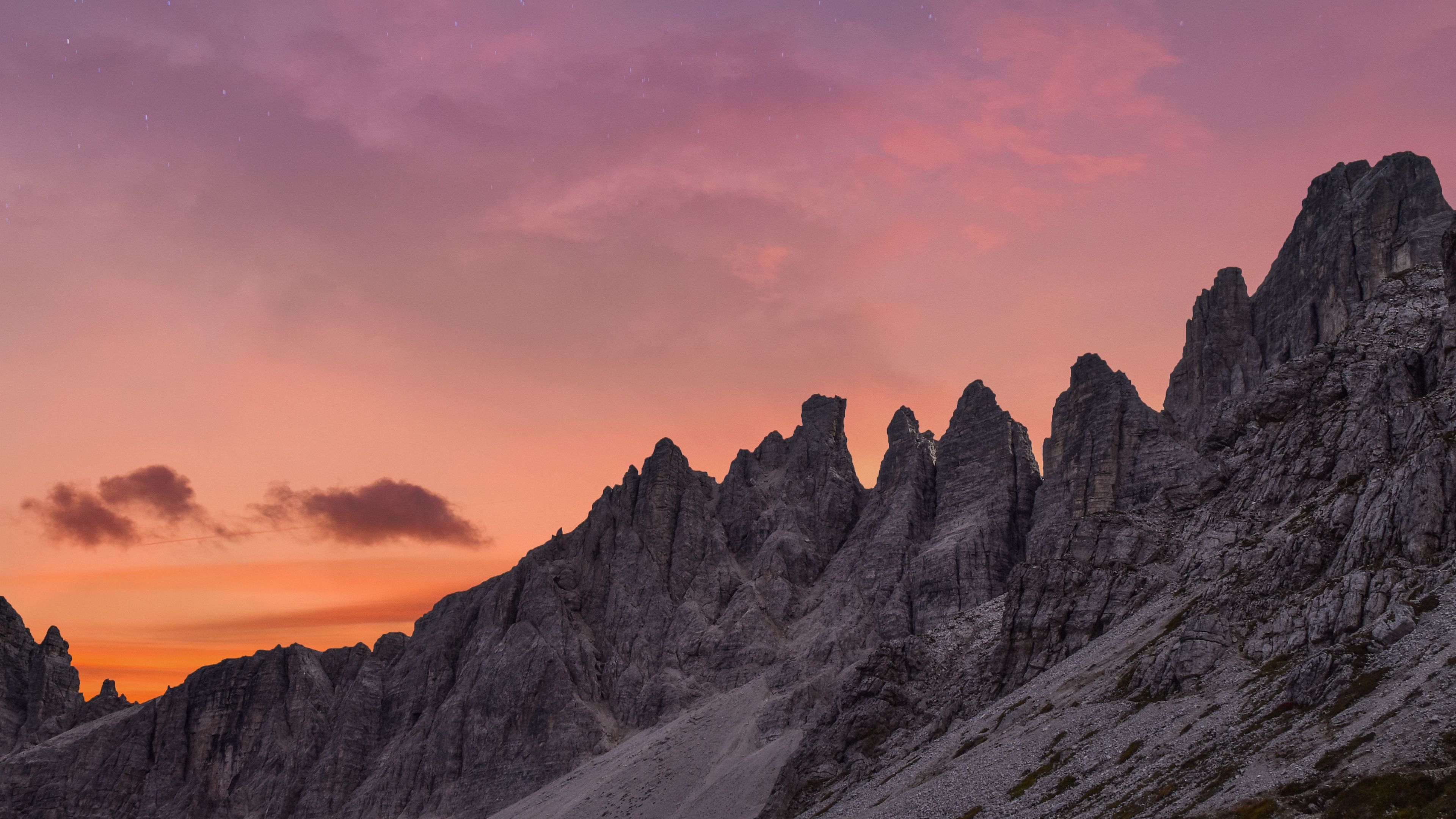 mountains, mountain range, landscape, twilight, sky, clouds, stars, 4k, HD Wallpaper