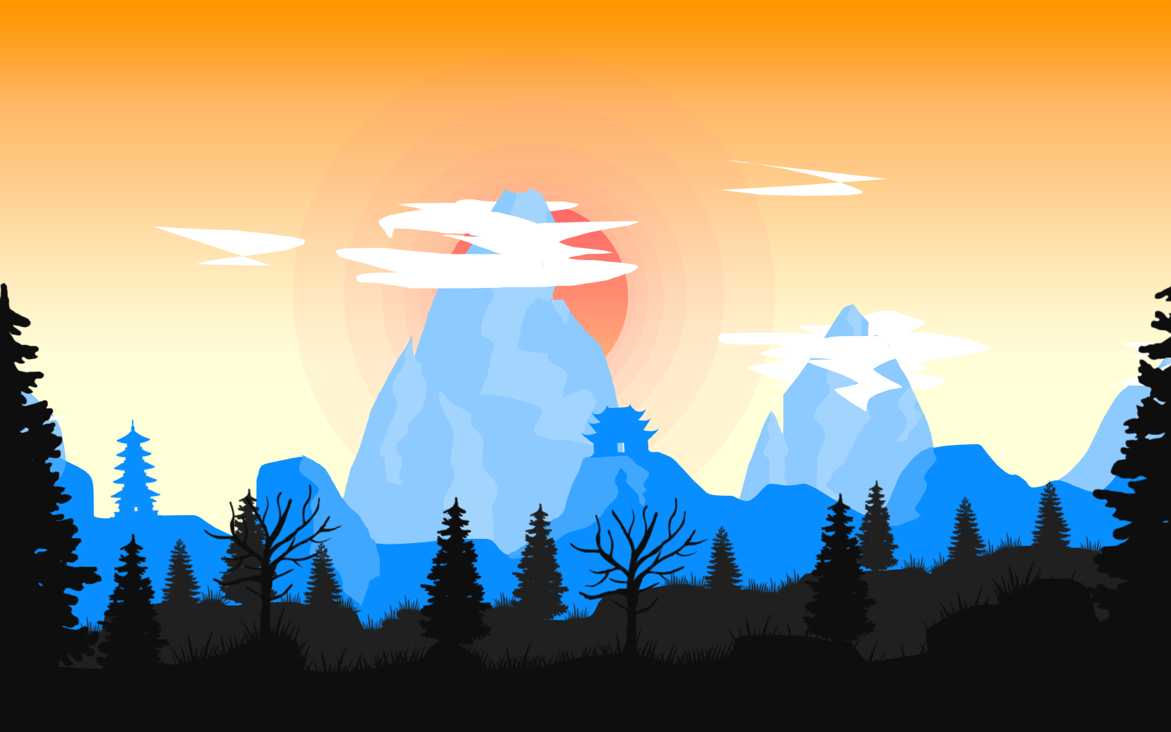 landscape, nature, mountains, trees, pagoda, Sun, clouds, digital art, cyan, orange, HD Wallpaper