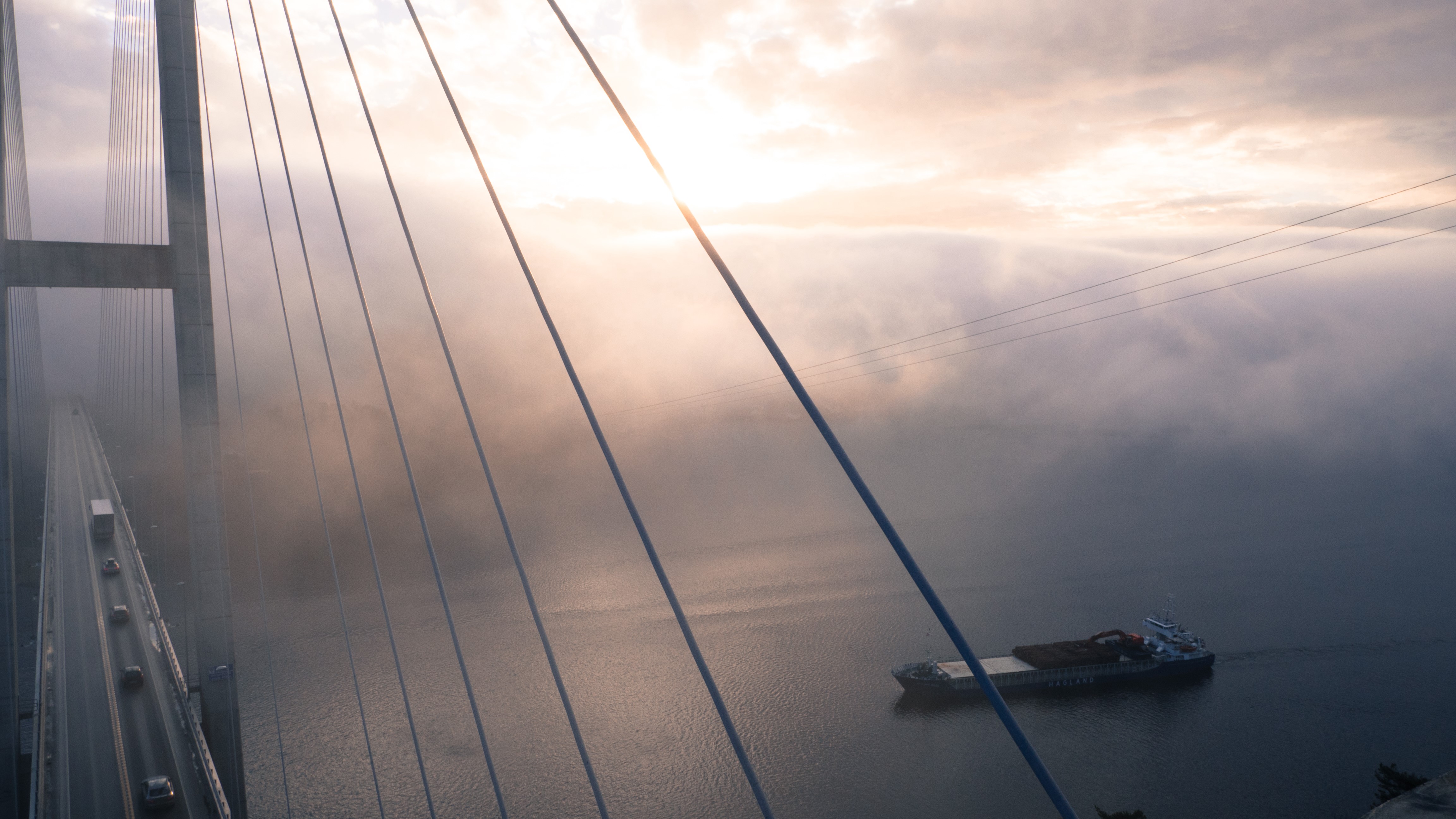 sailboats, sea, sky, mist, boat, water, bridge, clouds, HD Wallpaper