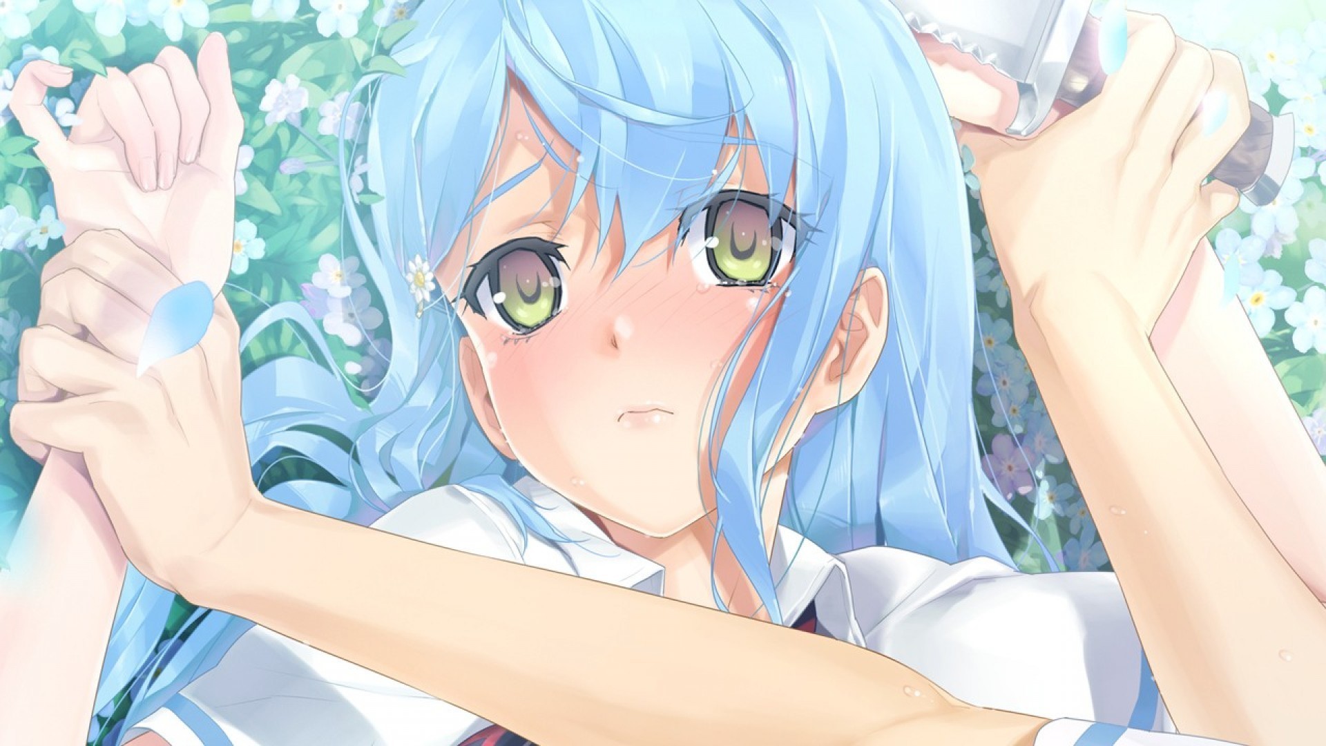 blue hair, blue flowers, anime, HD Wallpaper
