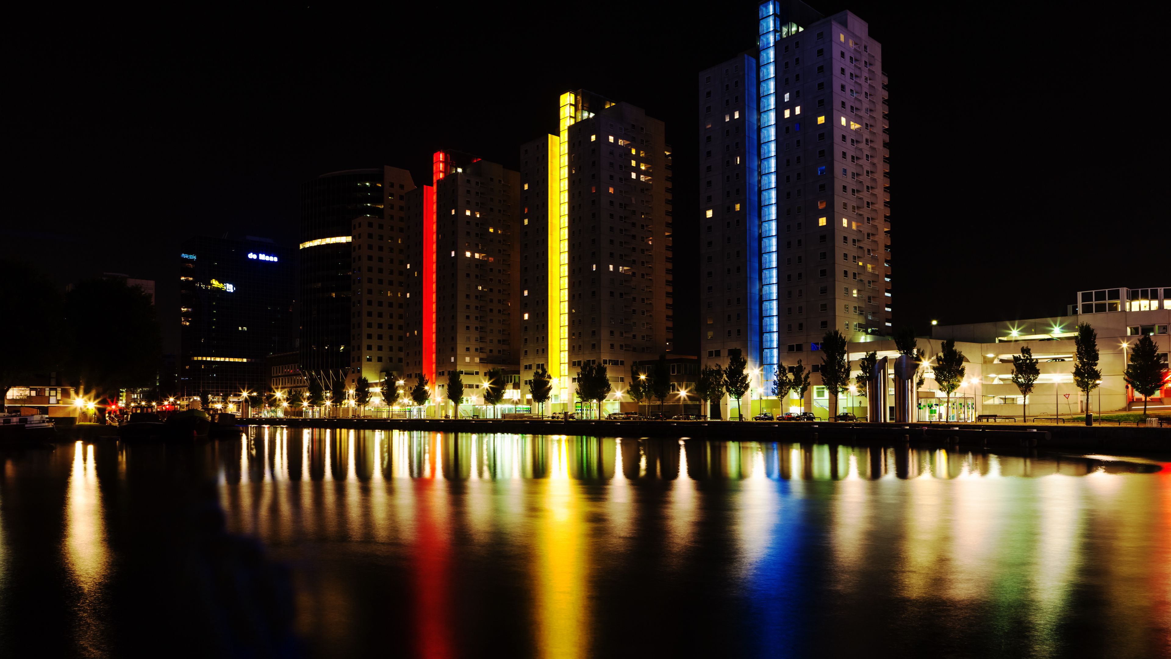 city, embankment, lights, colorful, reflection, buildings, 4k, HD Wallpaper