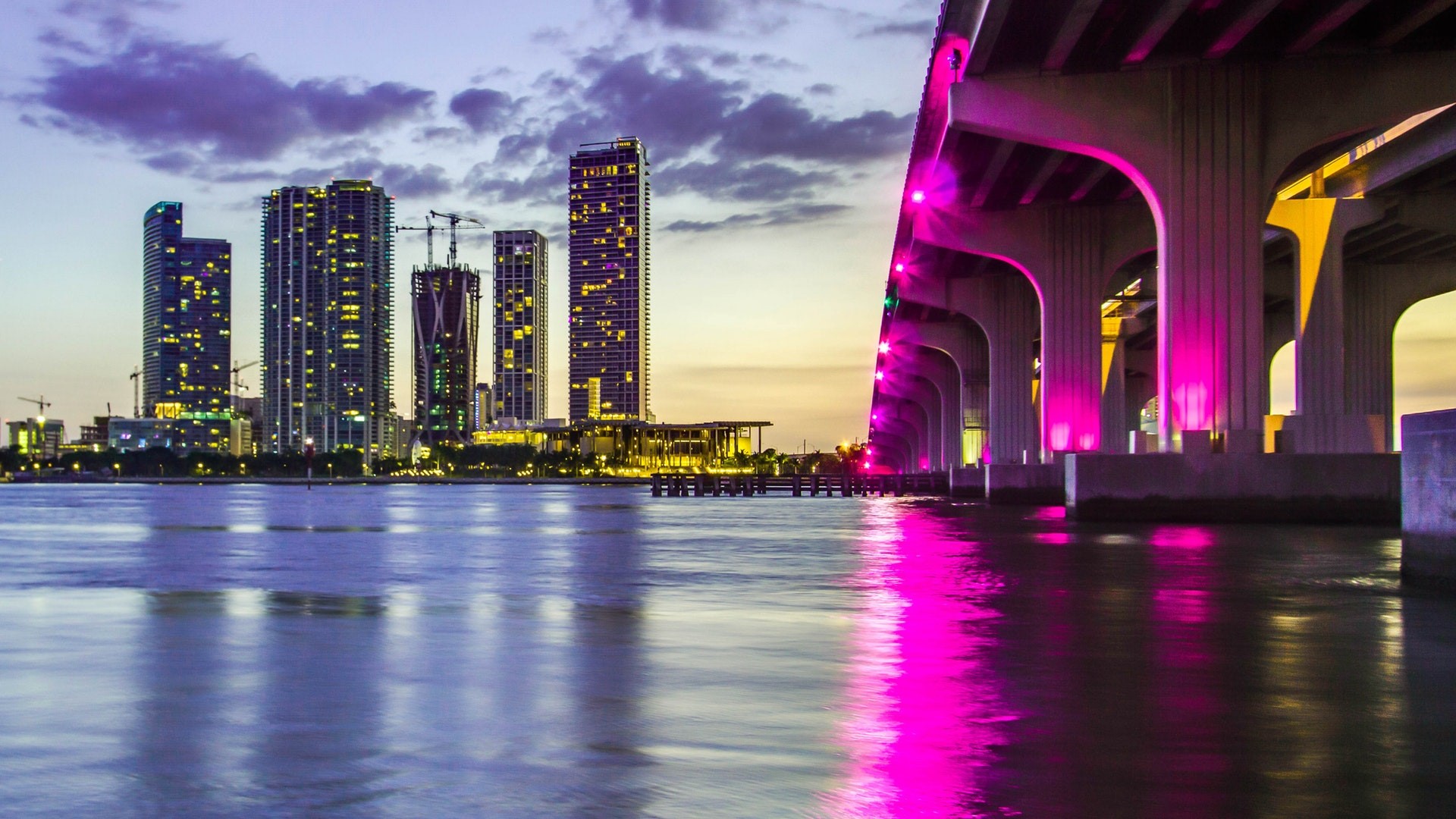 architecture, building, cityscape, skyscraper, city, bridge, water, lights, reflection, clouds, cranes (machine), dusk, sea, HD Wallpaper
