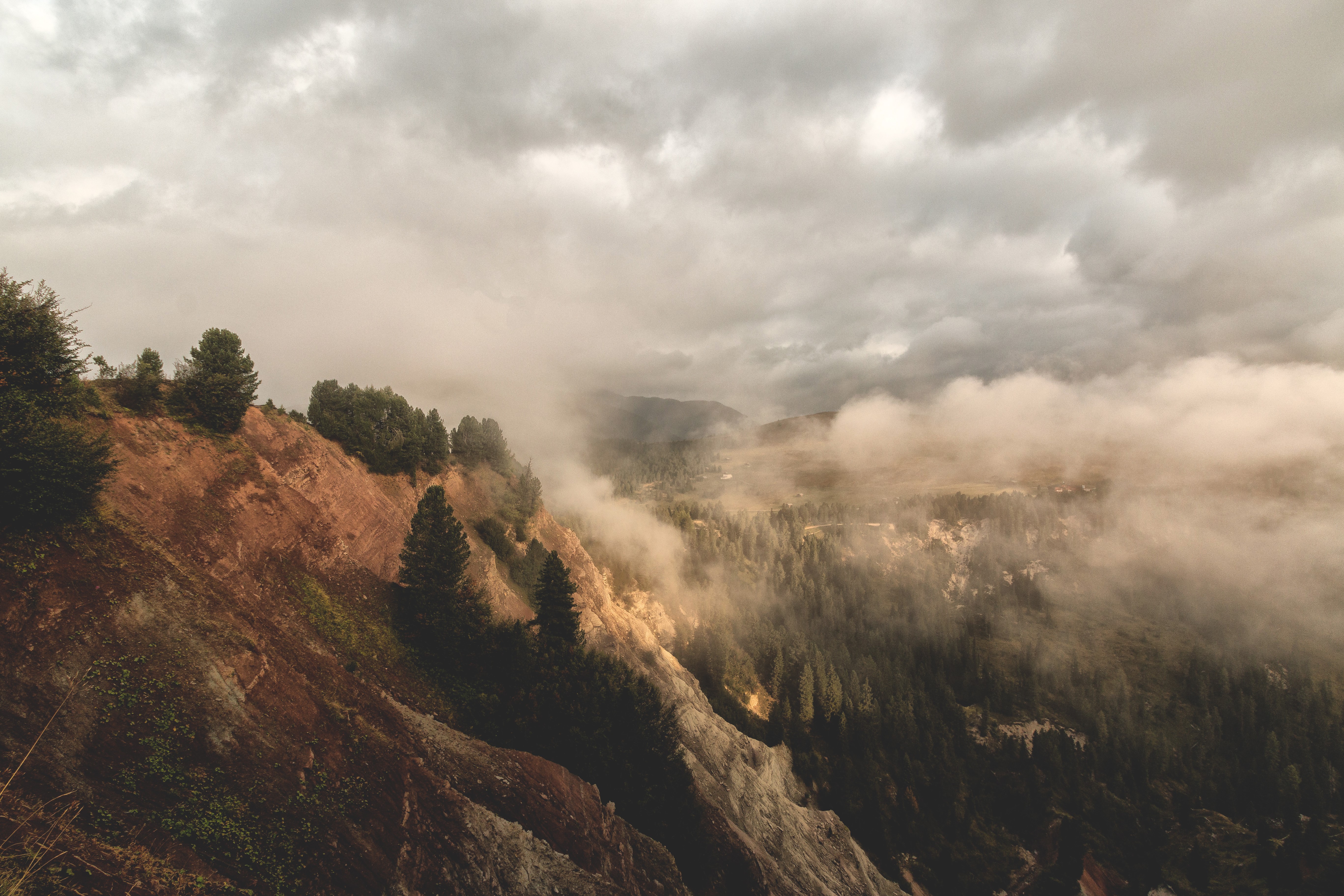 mountains, mist, clouds, daylight, forest, landscape, nature, outdoors, sunset, rocks, grass, HD Wallpaper