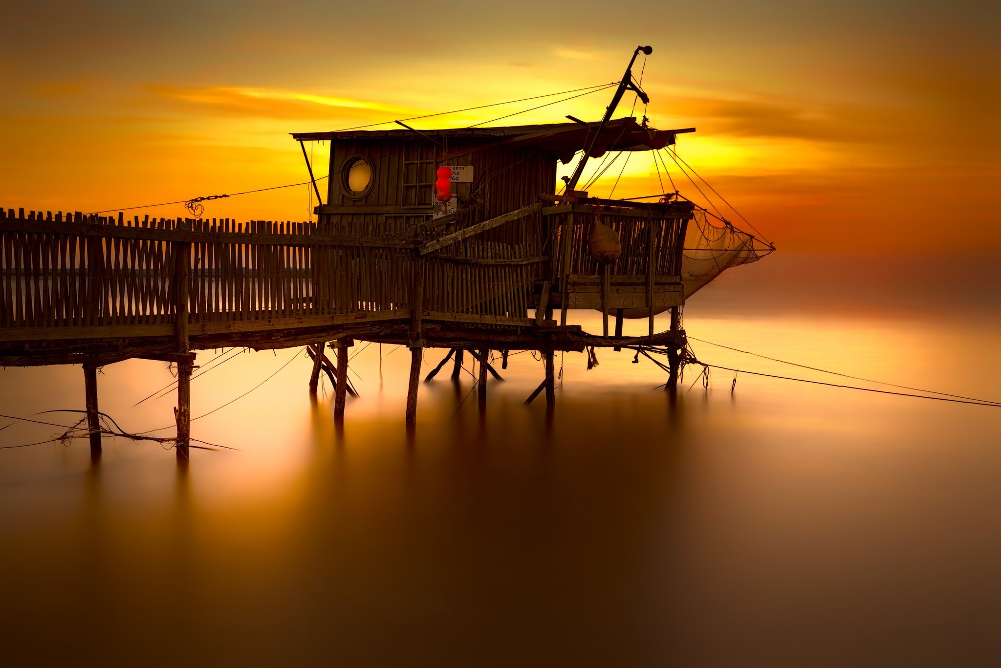 hut, sky, sea, sunlight, orange sky, orange, sunset, HD Wallpaper
