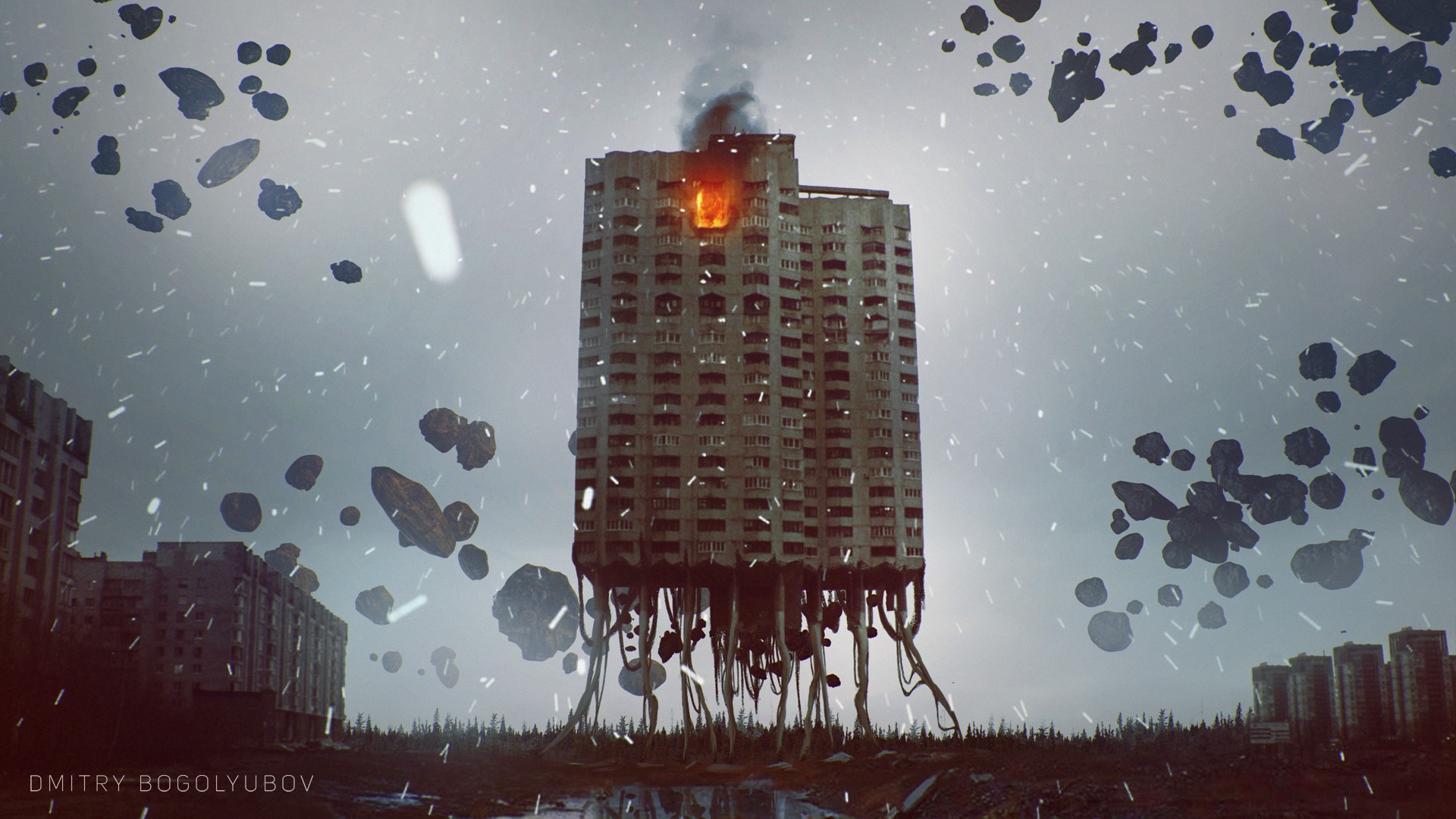 Dmitry Bogolyubov, old building, fire, fantasy art, city, HD Wallpaper