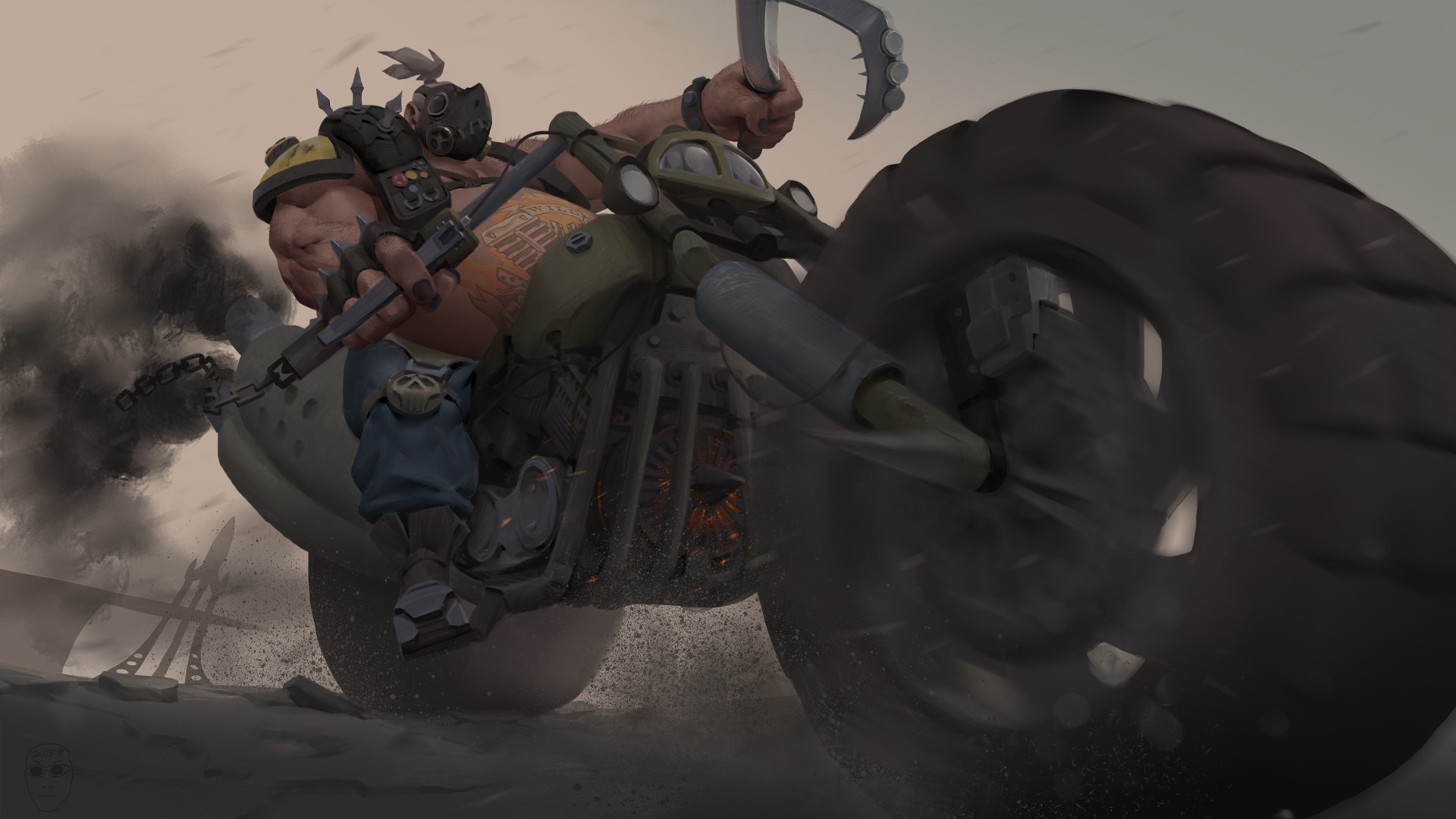 Overwatch, video games, digital art, Roadhog (Overwatch), motorcycle, HD Wallpaper