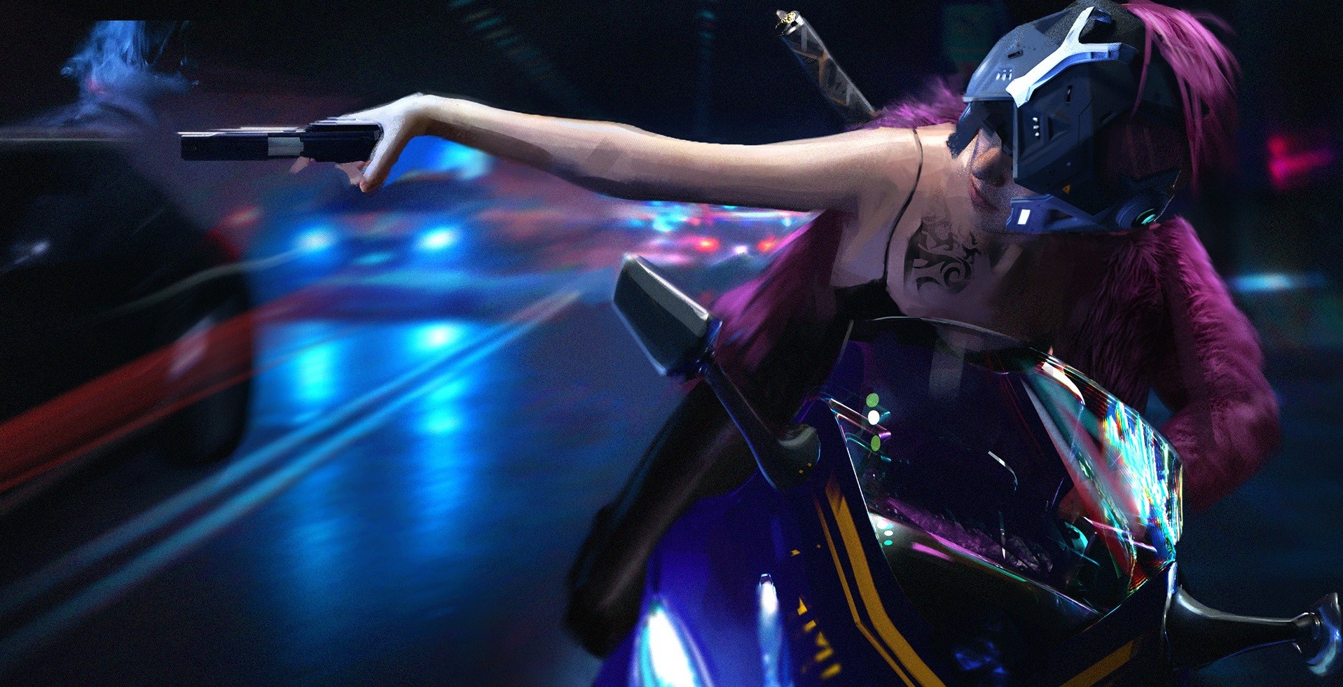 women, motorcycle, illustration, fan art, pistol, futuristic, tattoo, pink hair, shooter, HD Wallpaper