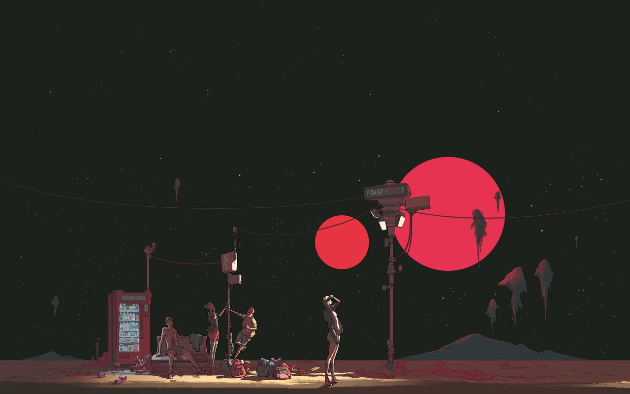 red moon, people, space, telephone, teens, utility pole, red, HD Wallpaper