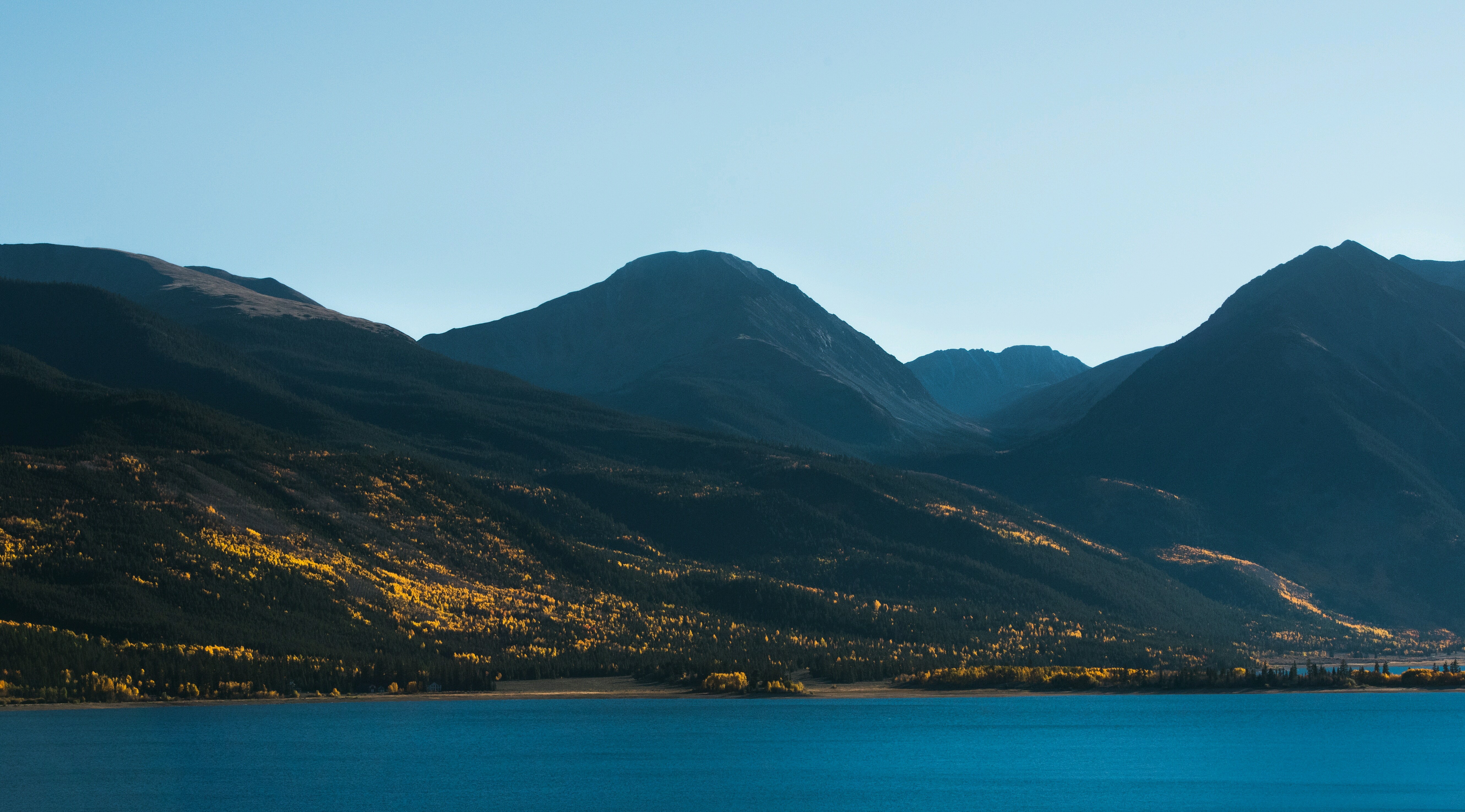 lake, mountains, forest, sky, landscape, HD Wallpaper