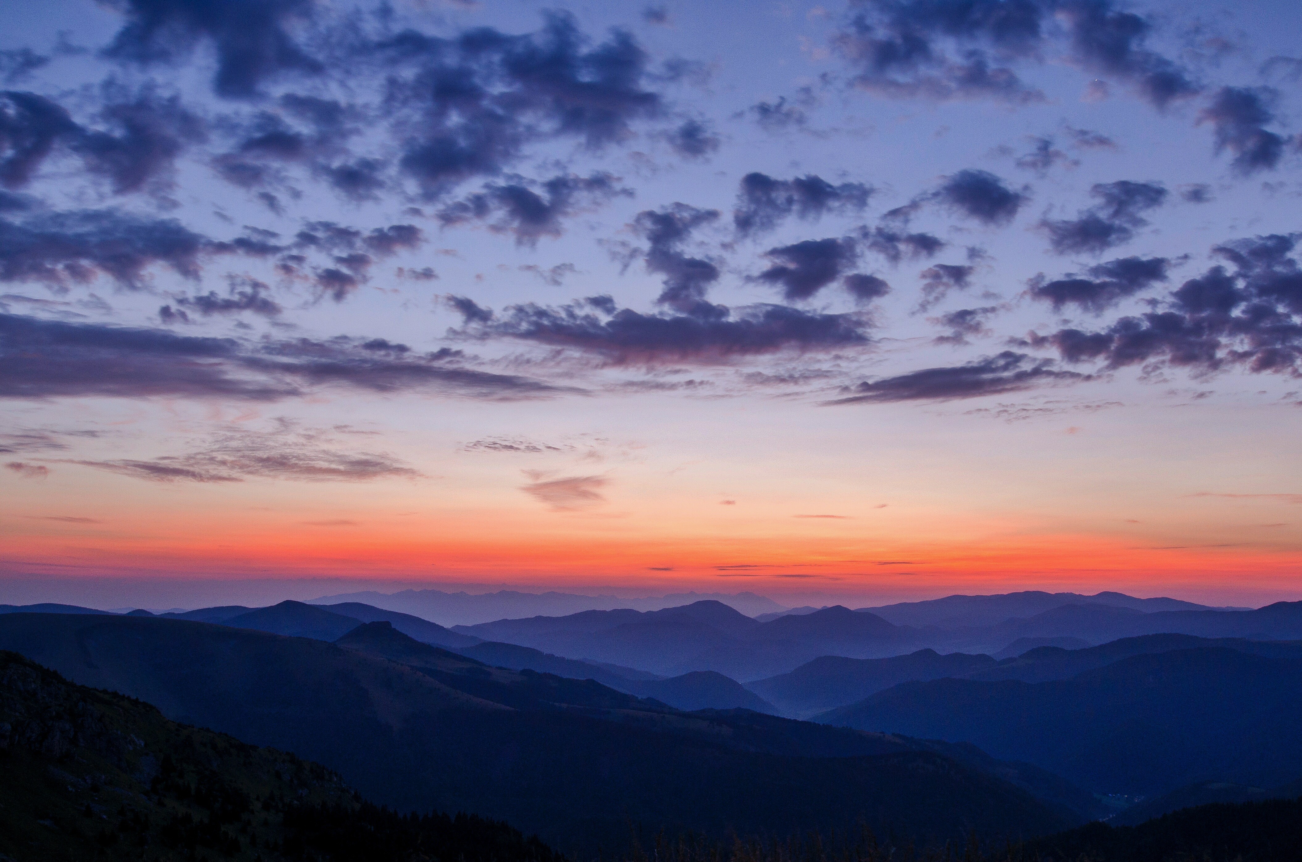 sunset, mountains, sky, clouds, forest, mist, HD Wallpaper