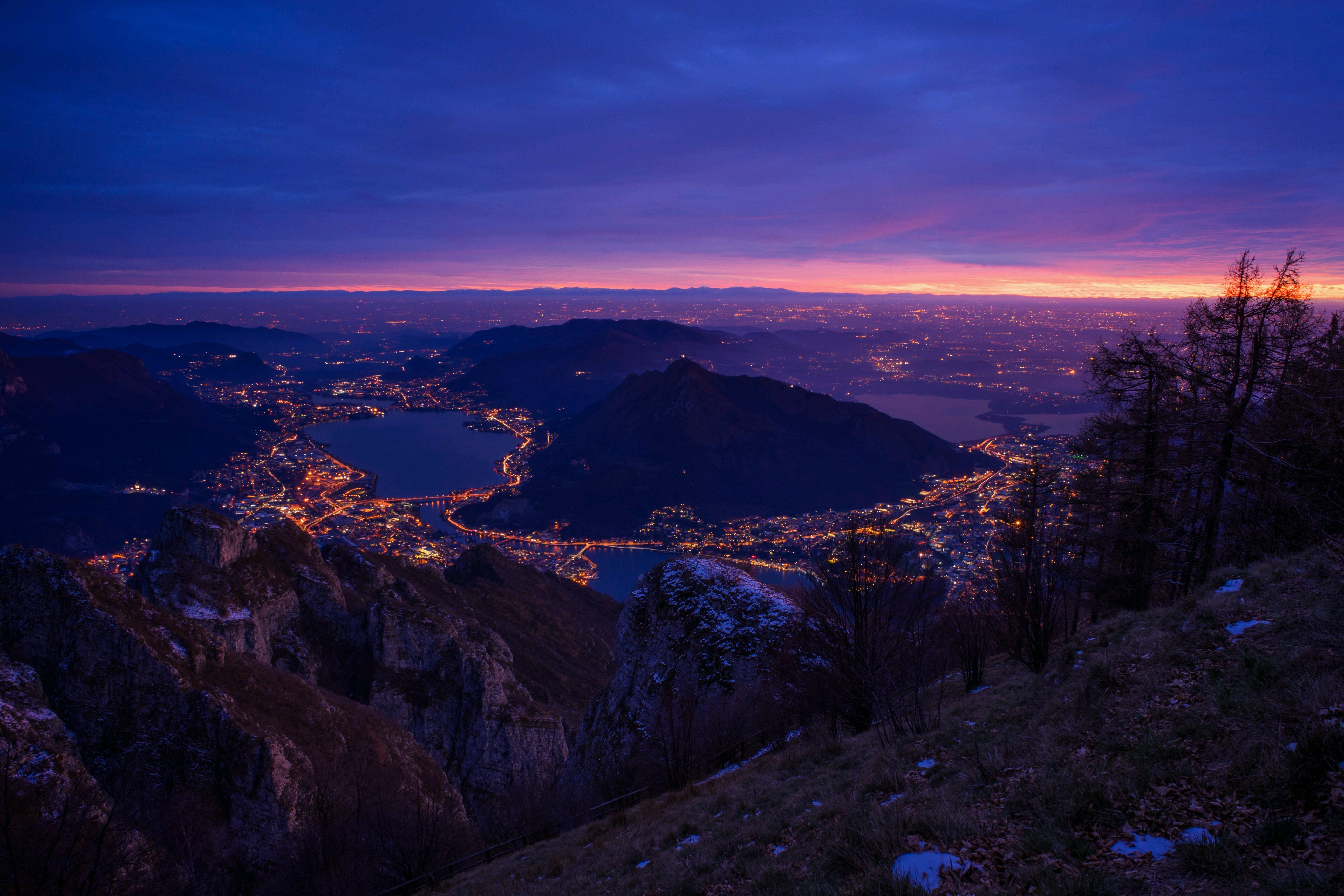 sunset, landscape, cityscape, mountains, HD Wallpaper