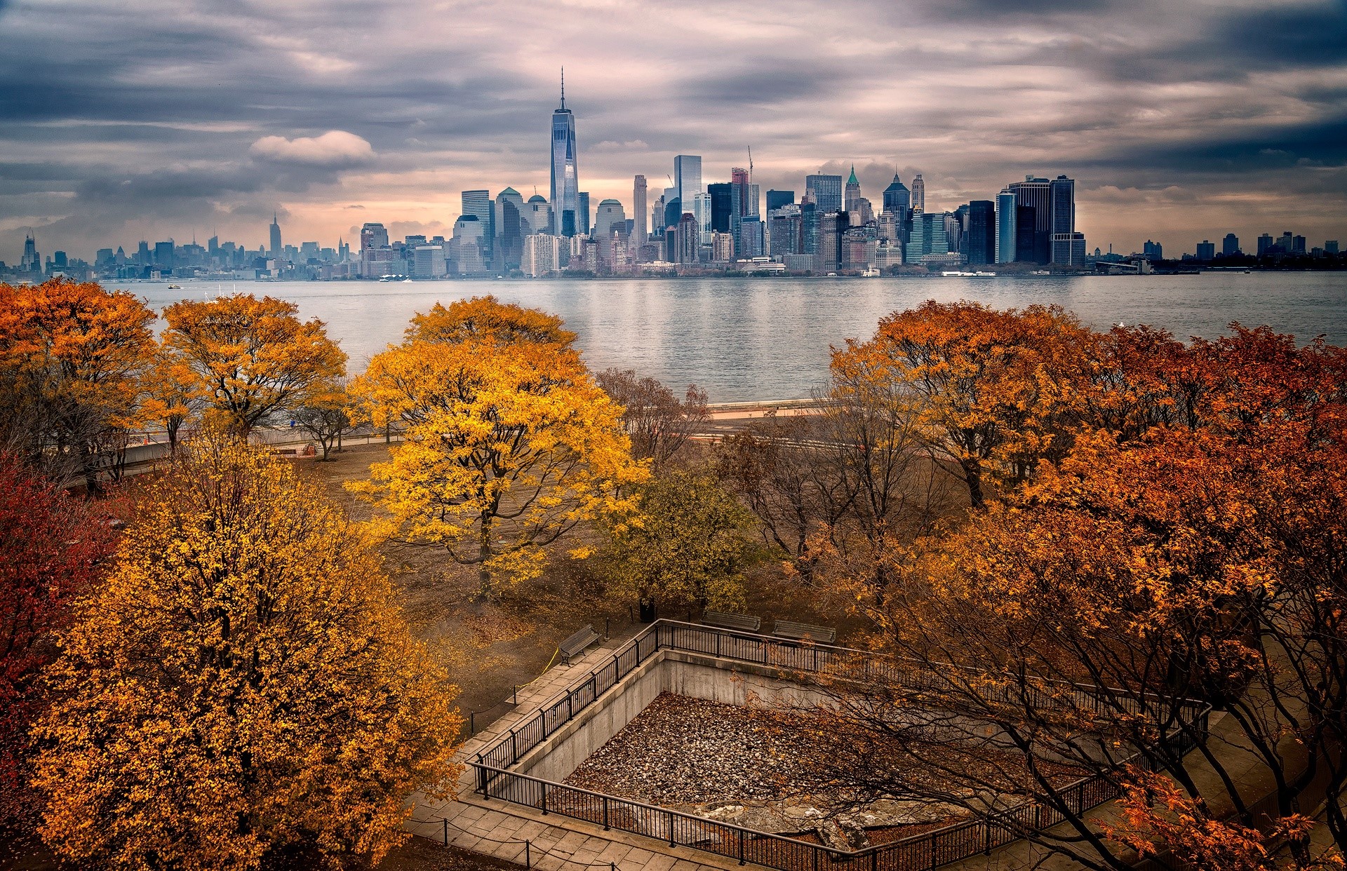 fall, trees, sky, USA, New York City, Manhattan, cityscape, Freedom Tower, HD Wallpaper