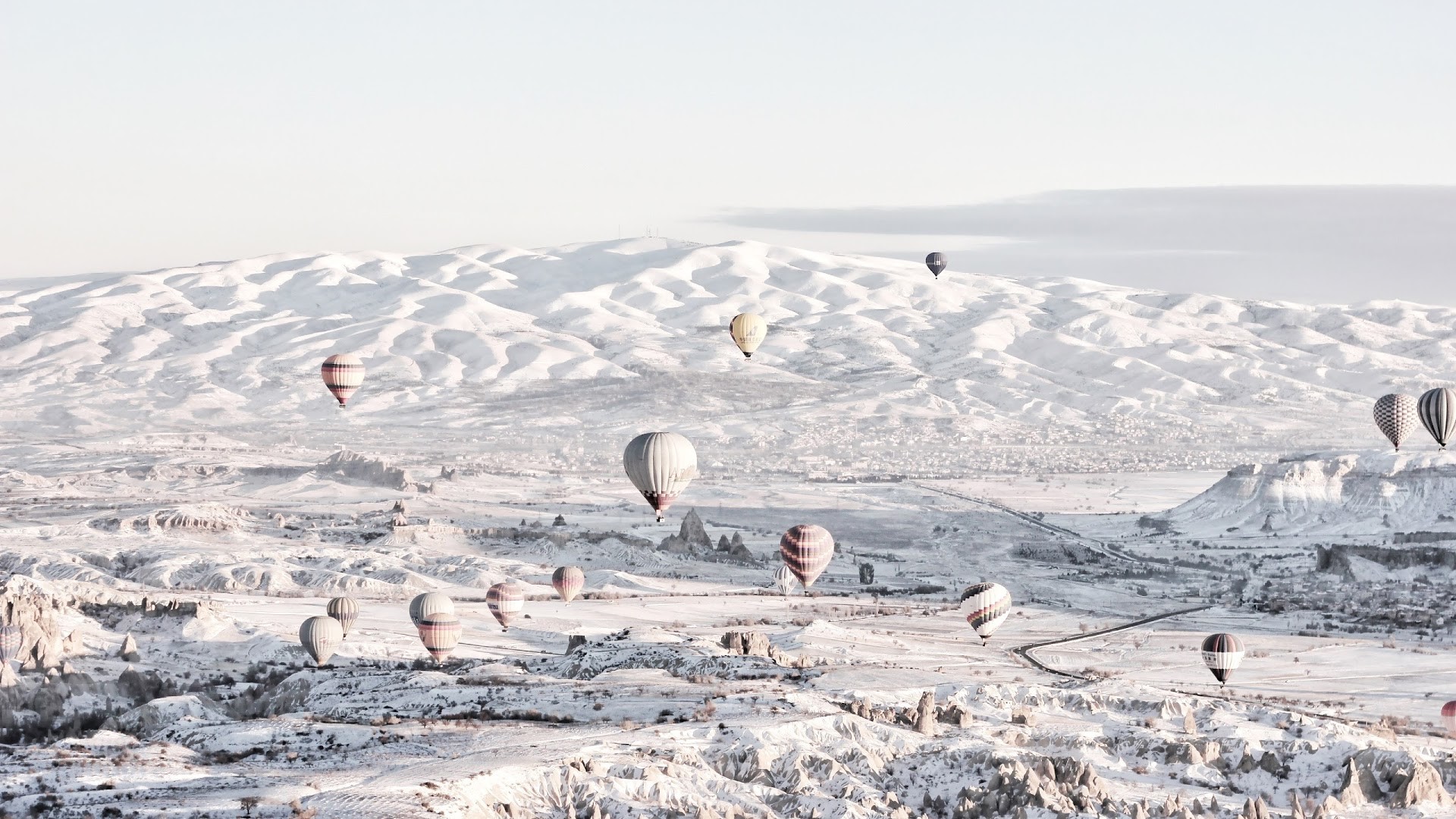 hot air balloons, snow, nature, HD Wallpaper