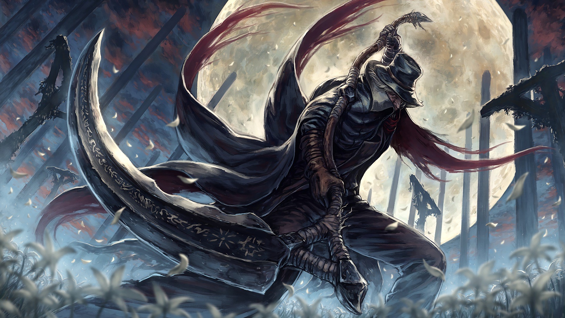 Bloodborne, video games, scythe, Moon, artwork, digital art, HD Wallpaper