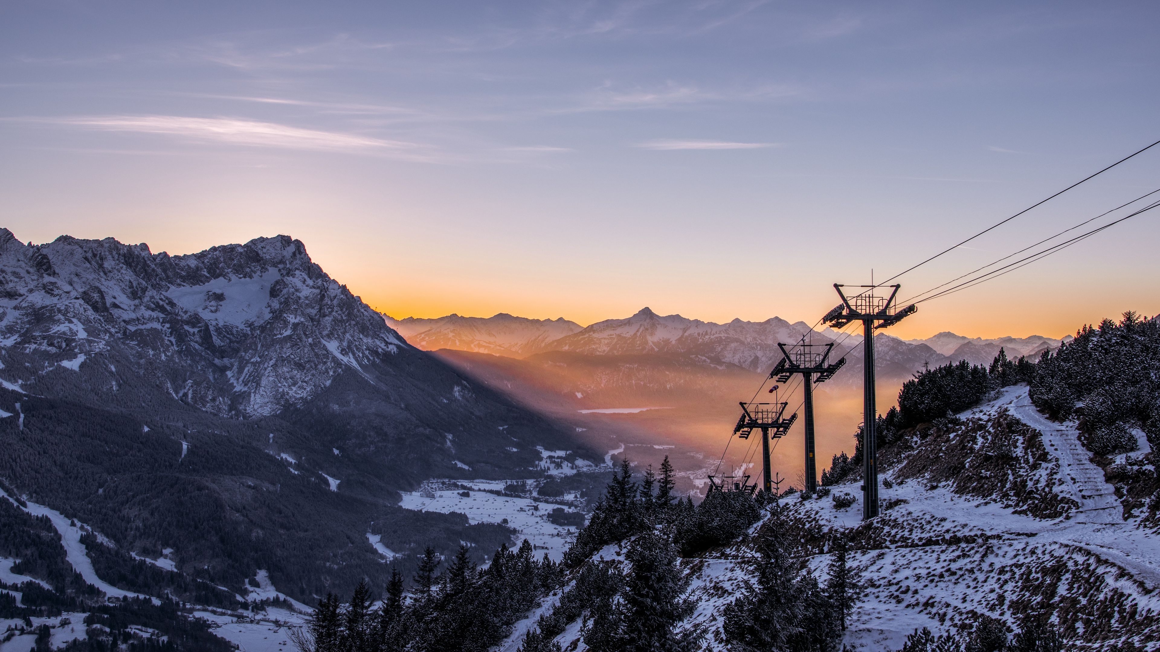cableway, pillars, mountains, trees, sunrise, landscape, 4k, HD Wallpaper