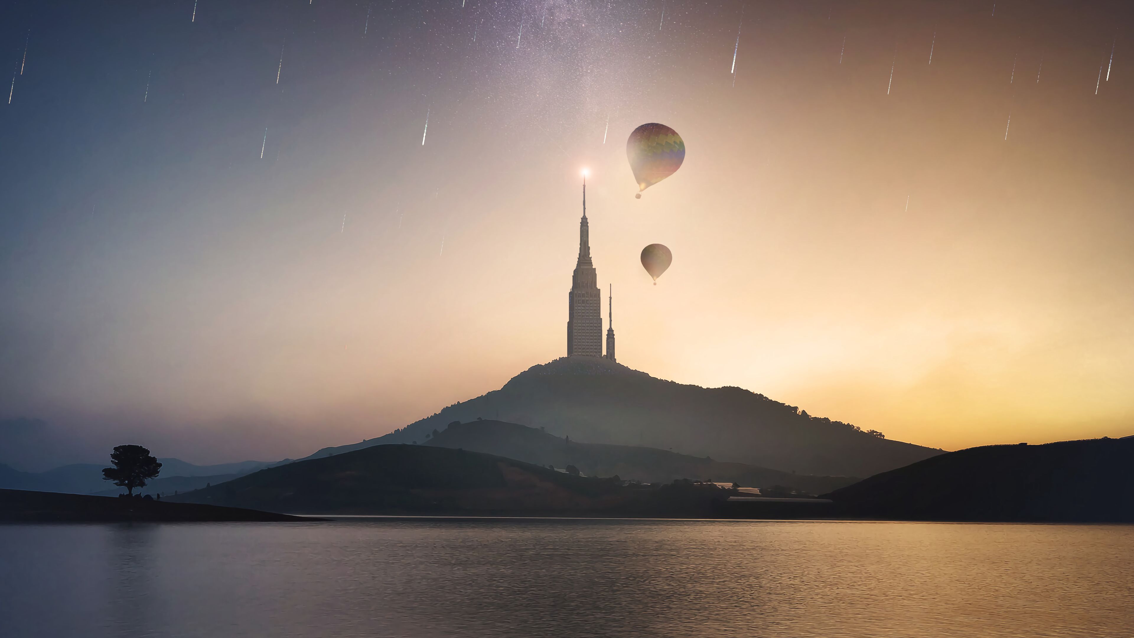 tower, hill, lake, air balloons, starry sky, meteors, 4k, HD Wallpaper