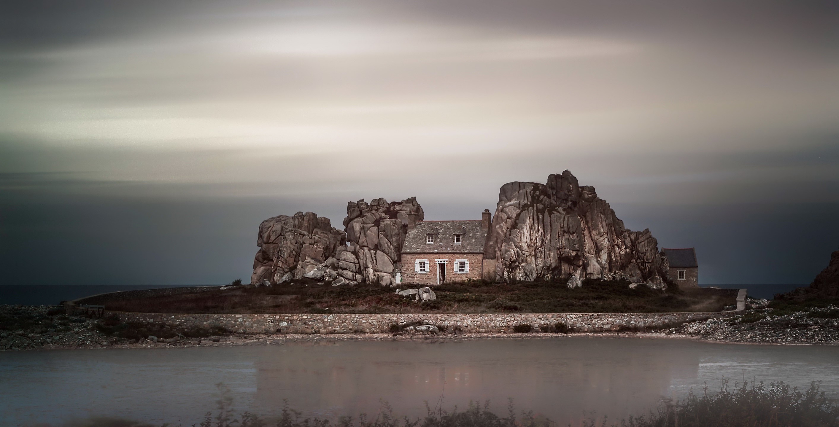 dark, sky, rock, house, overcast, HD Wallpaper