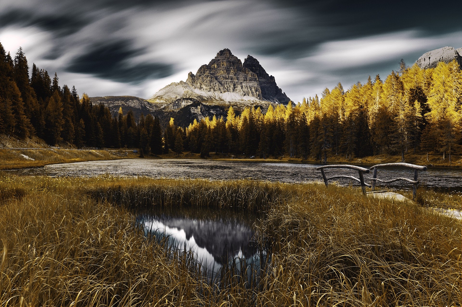 dark, sky, Dolomites (mountains), Italy, nature, landscape, lake, mountains, reeds, HD Wallpaper